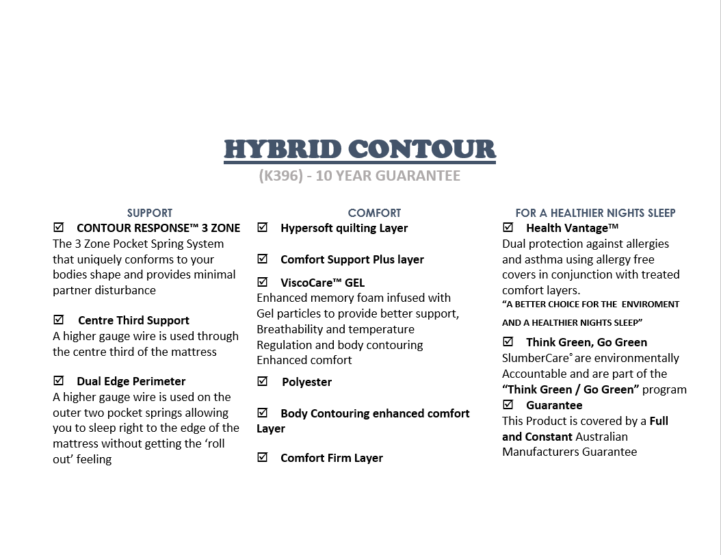 Technical specifications of a hybrid contour mattress layer on a white background