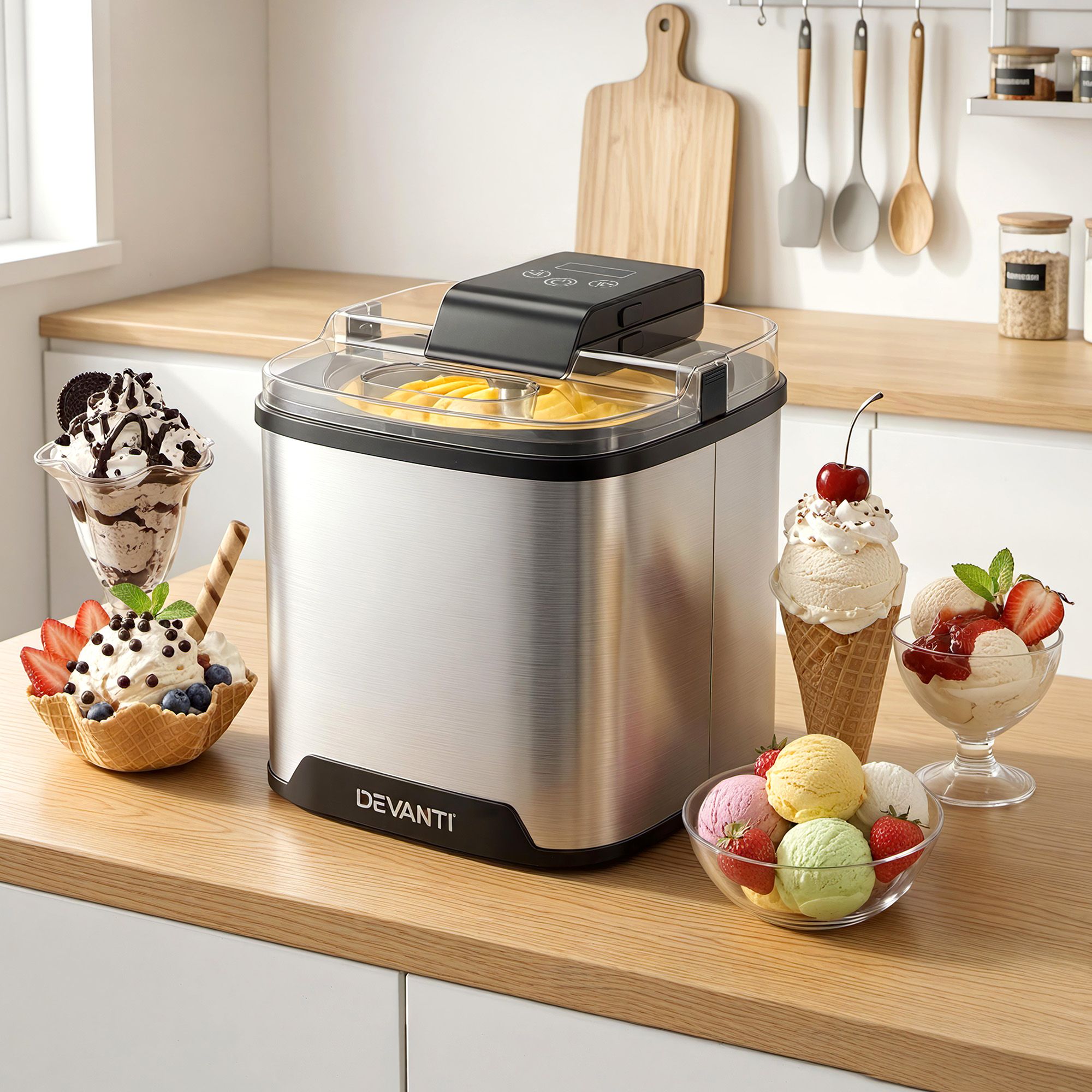 Devanti Ice Cream Maker Machine 2L Homemade Gelato Sorbet Frozen Drinks Sliver Bedworld