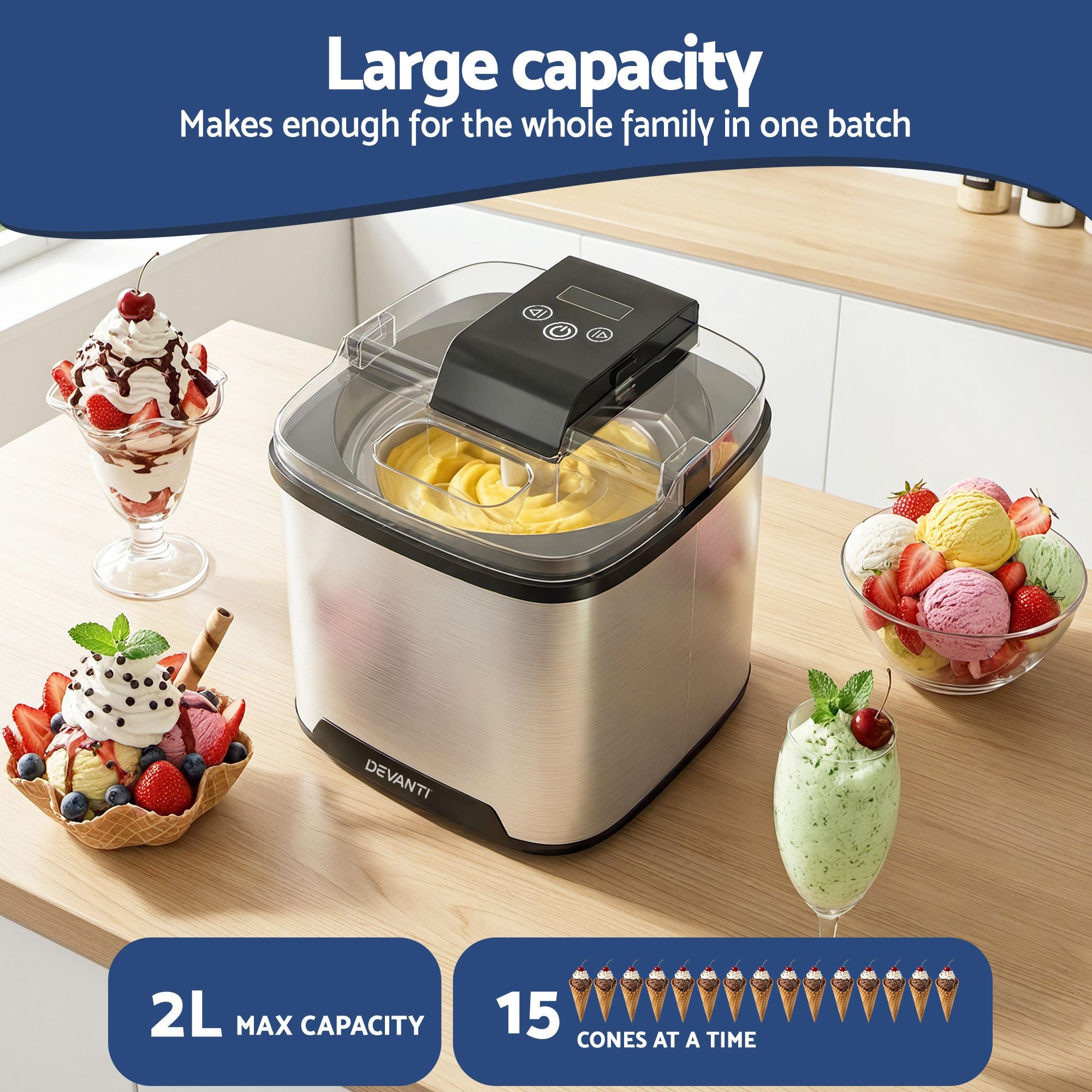 Devanti Ice Cream Maker Machine 2L Homemade Gelato Sorbet Frozen Drinks Sliver Bedworld