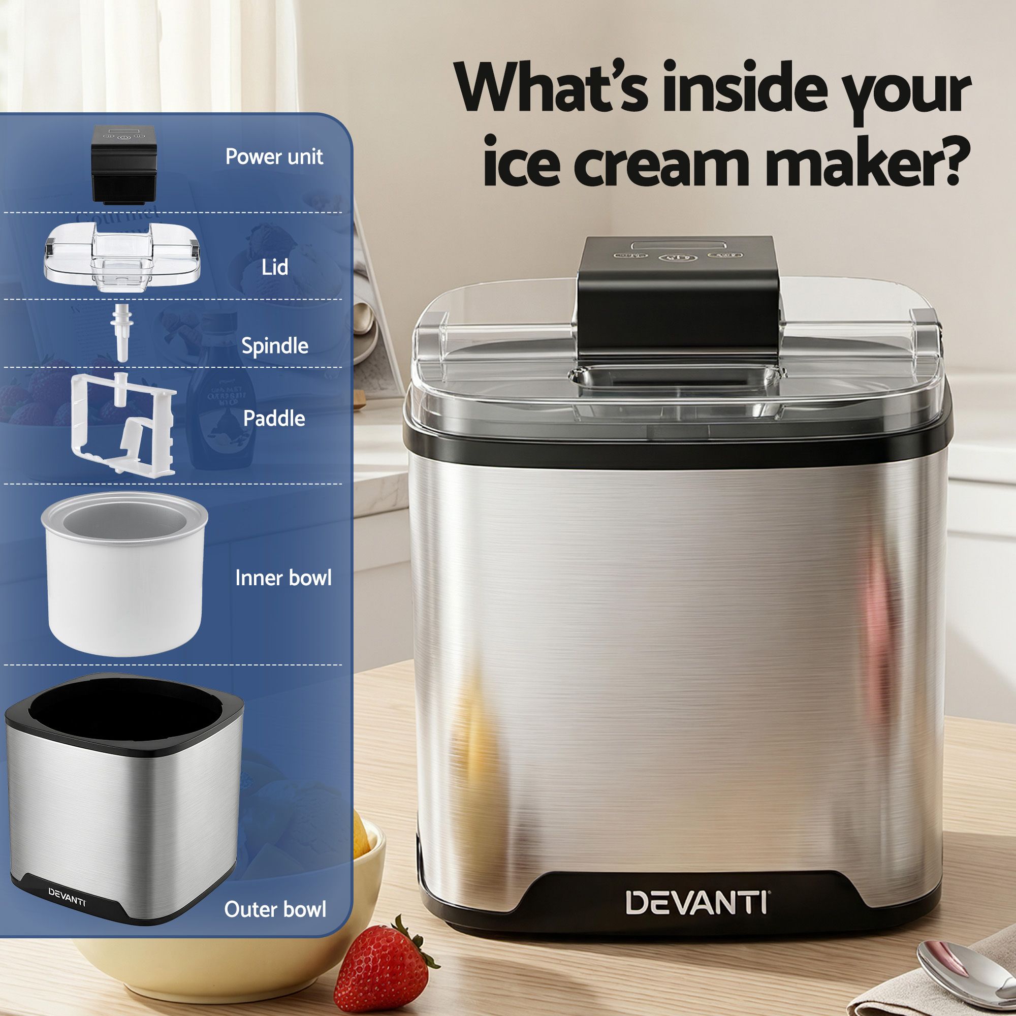Devanti Ice Cream Maker Machine 2L Homemade Gelato Sorbet Frozen Drinks Sliver Bedworld