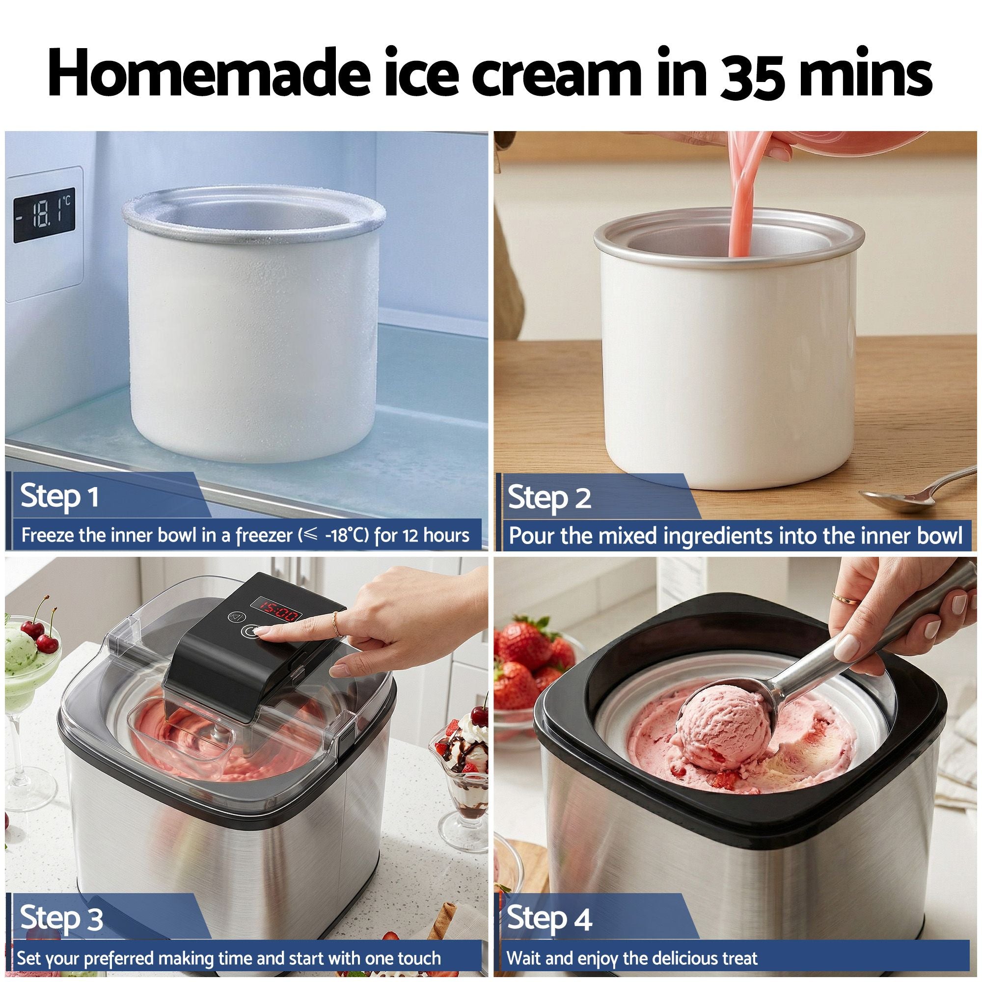 Devanti Ice Cream Maker Machine 2L Homemade Gelato Sorbet Frozen Drinks Sliver Bedworld