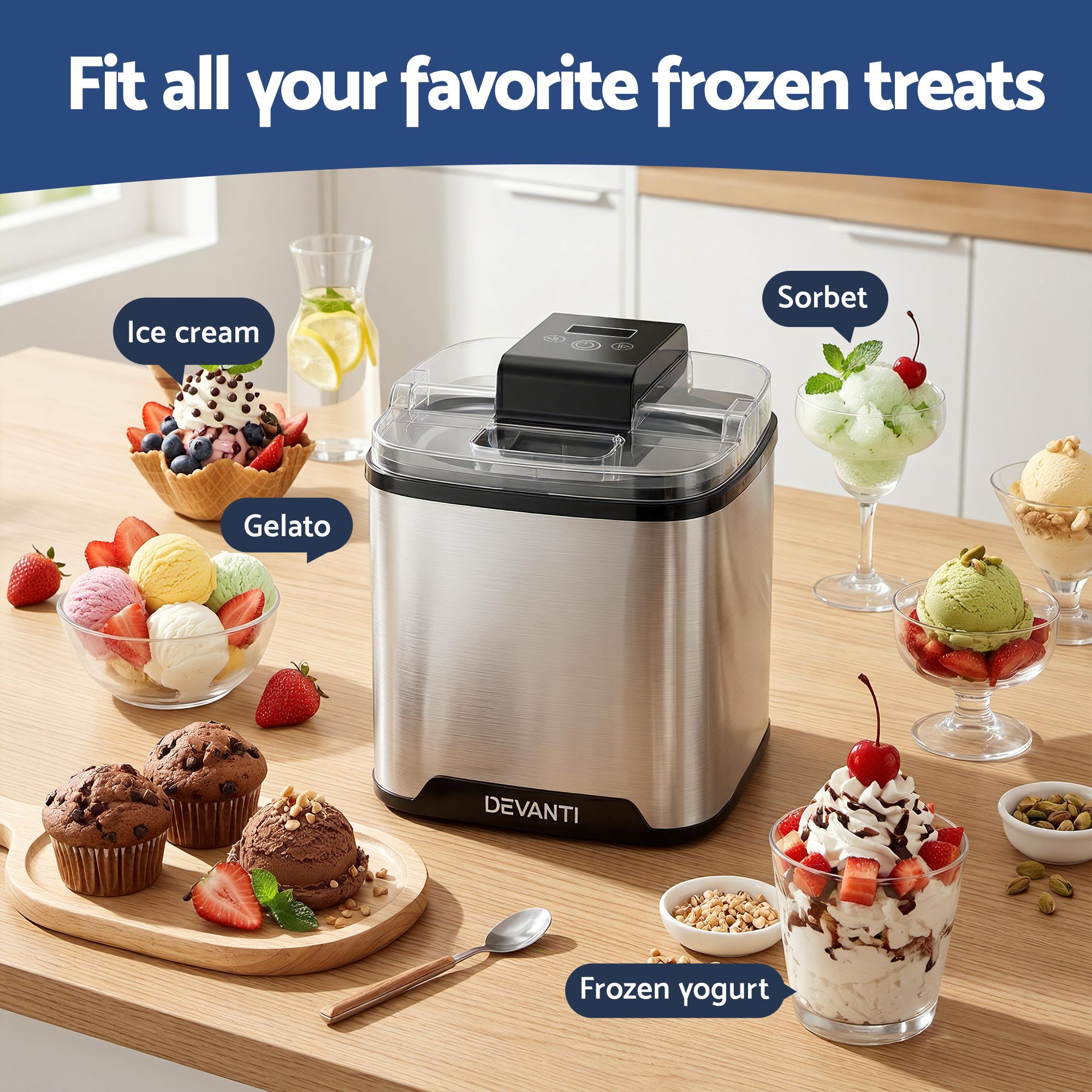 Devanti Ice Cream Maker Machine 2L Homemade Gelato Sorbet Frozen Drinks Sliver Bedworld