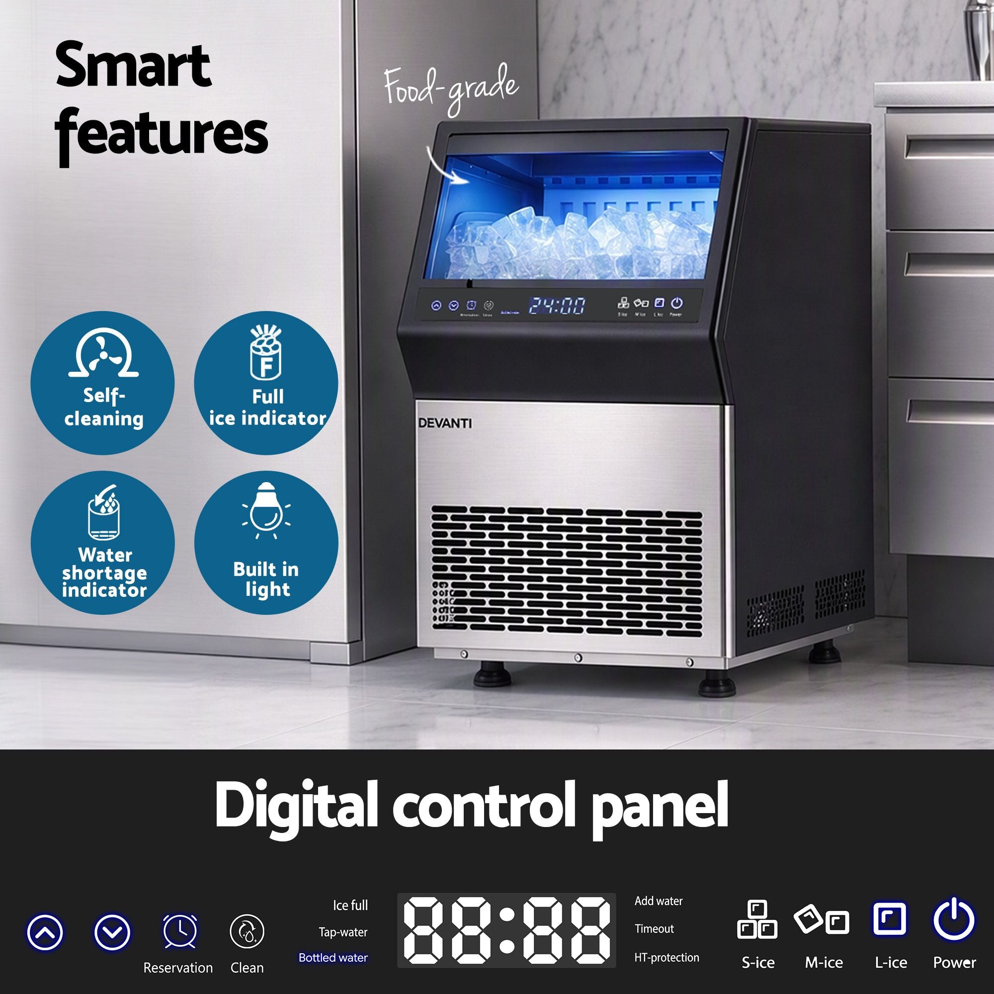 Devanti 35kg Commercial Ice Maker Freestanding Ice Cube Machine Bedworld