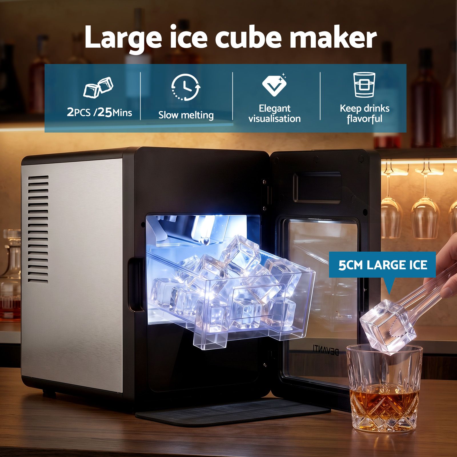 Devanti Ice Maker 5cm Large Ice Cubes Countertop Machine 150pcs/24h for Home Bedworld