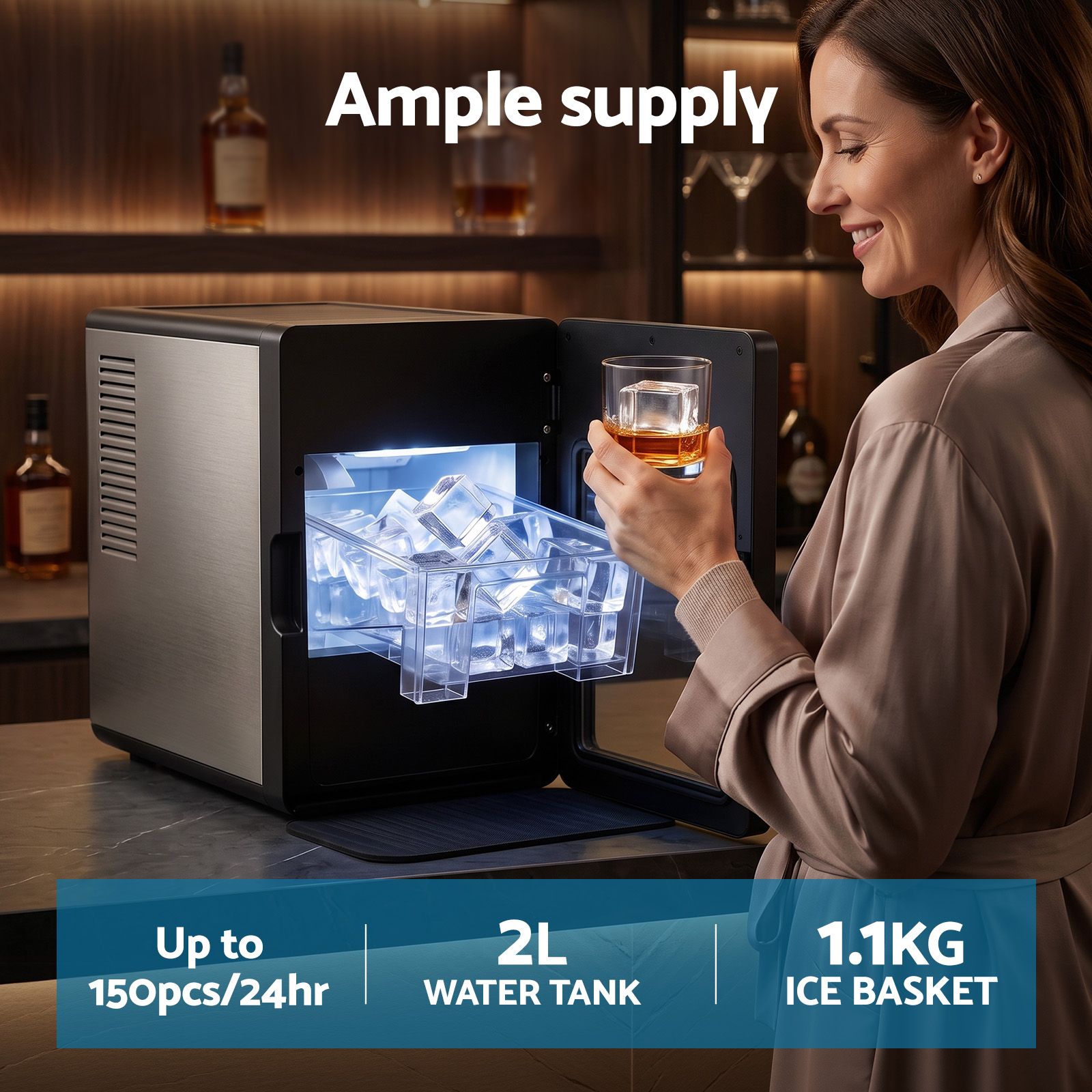 Devanti Ice Maker 5cm Large Ice Cubes Countertop Machine 150pcs/24h for Home Bedworld