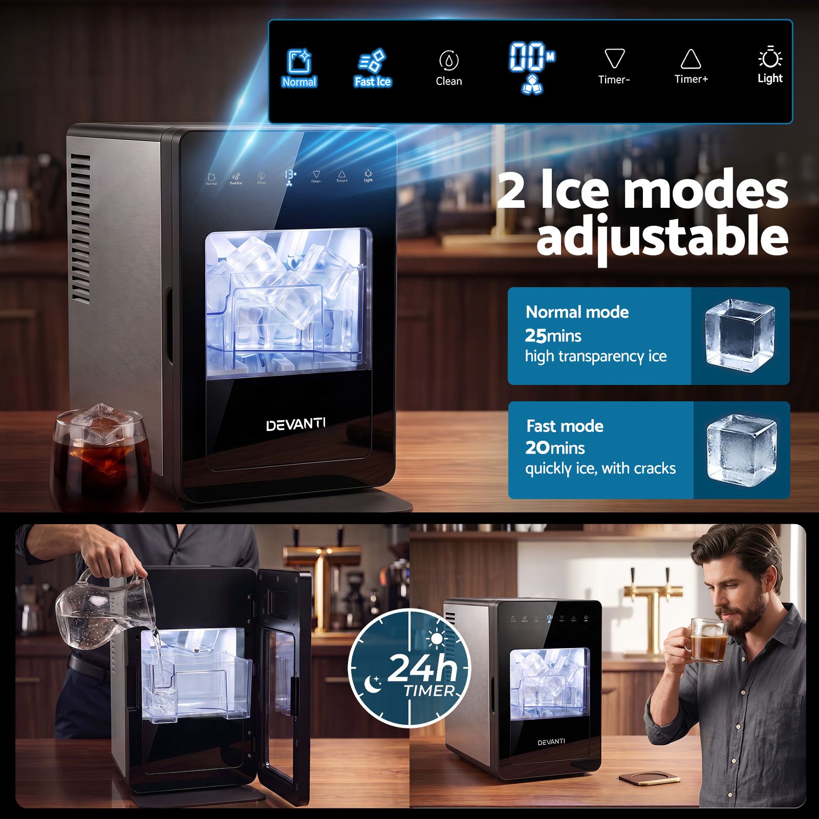 Devanti Ice Maker 5cm Large Ice Cubes Countertop Machine 150pcs/24h for Home Bedworld