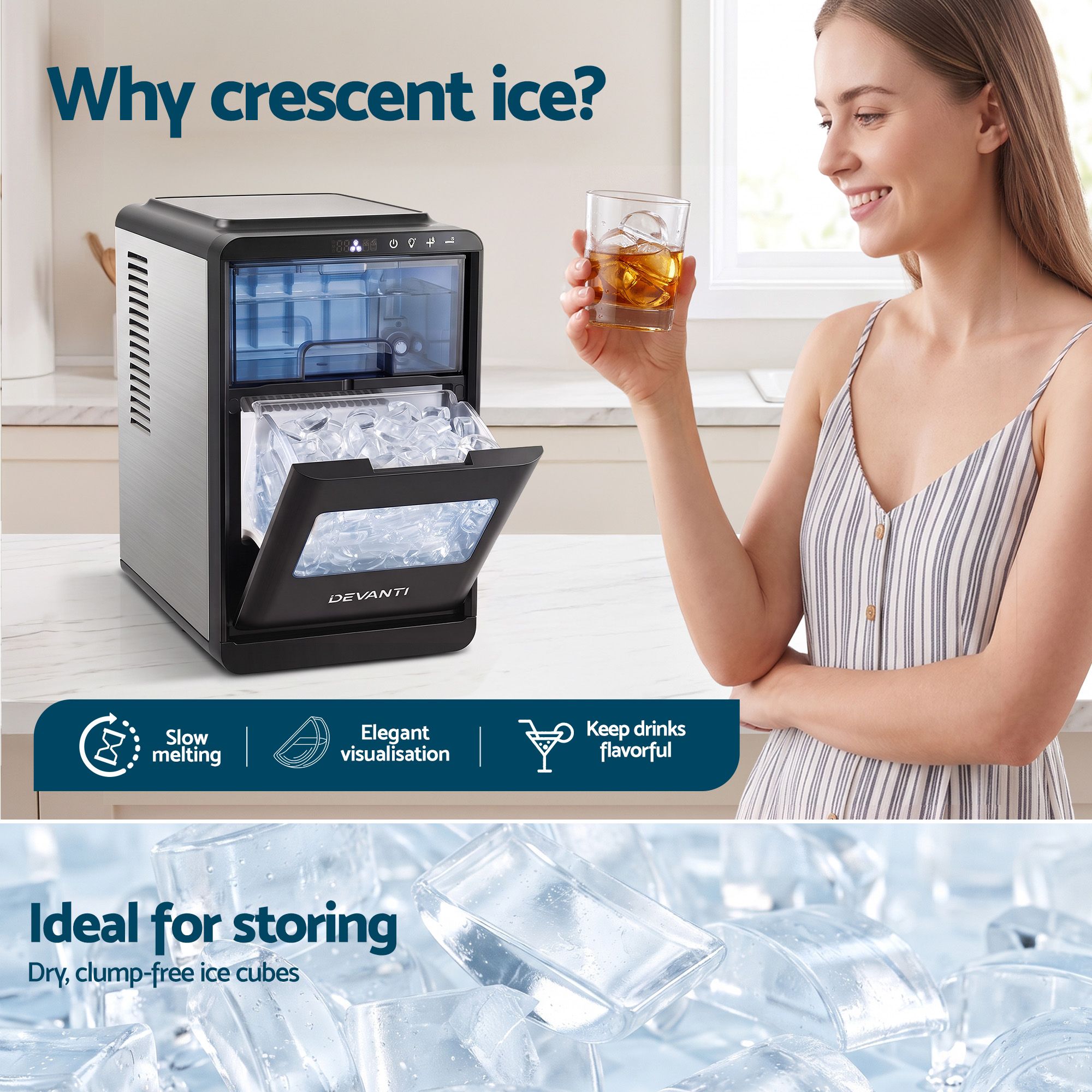 Devanti Ice Maker Crescent Ice 16pcs Countertop Machine 12KG/24H for Home Bedworld
