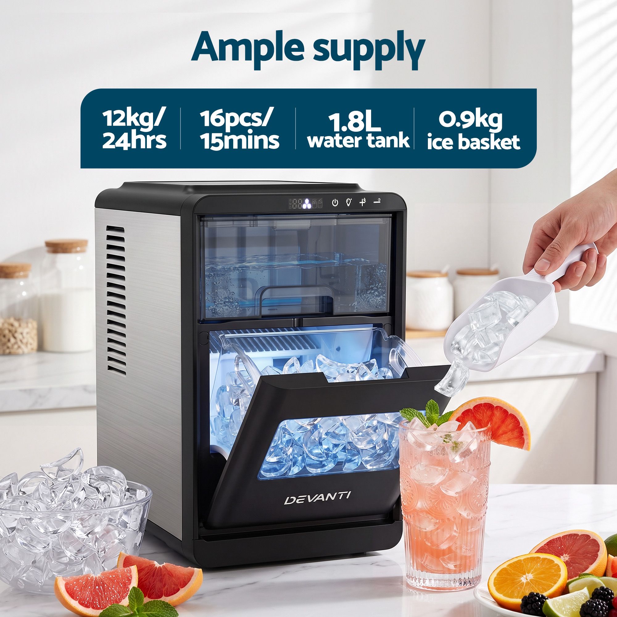 Devanti Ice Maker Crescent Ice 16pcs Countertop Machine 12KG/24H for Home Bedworld