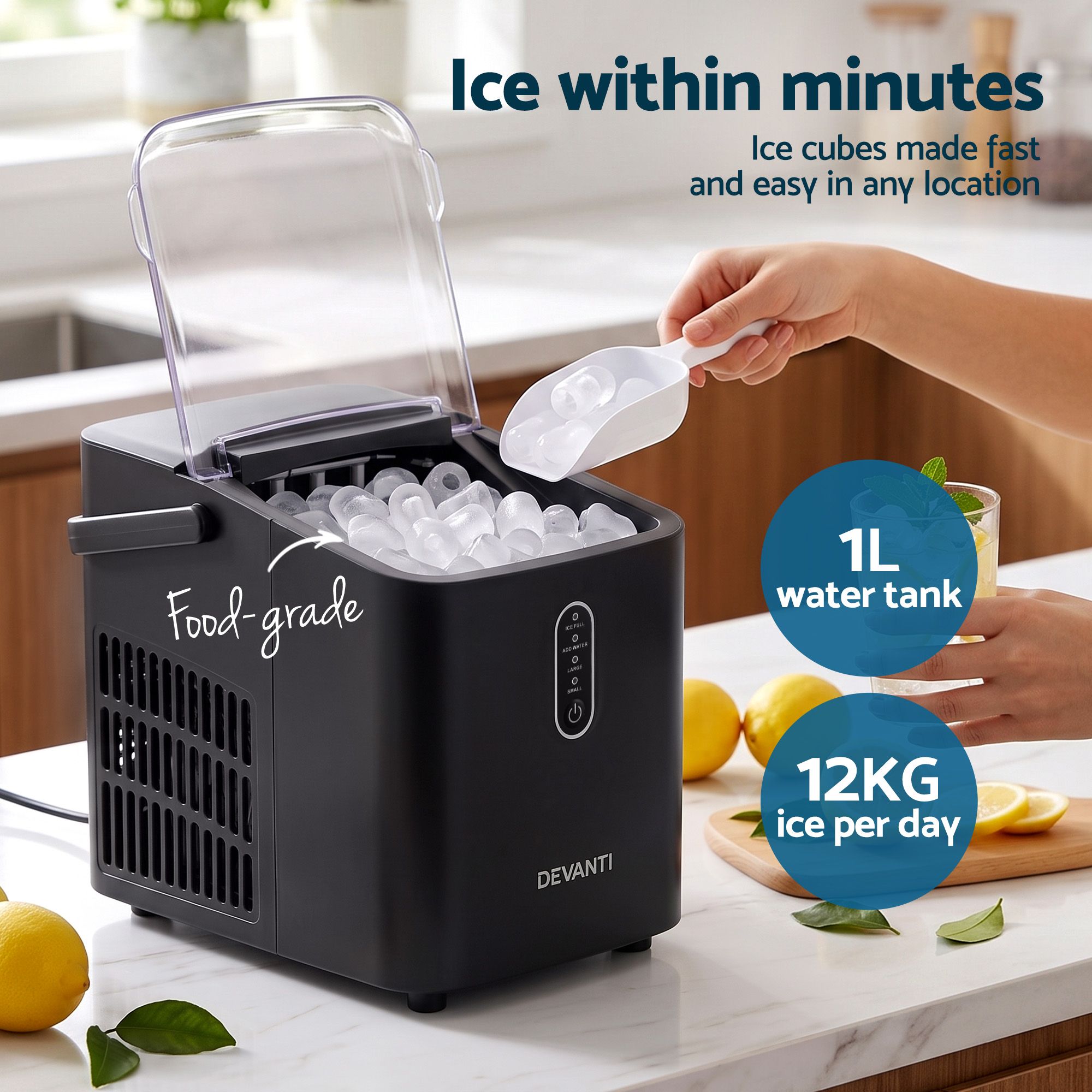 Devanti Ice Maker Portable Ice Machine Countertop Bullet Cube 12KG Black Bedworld