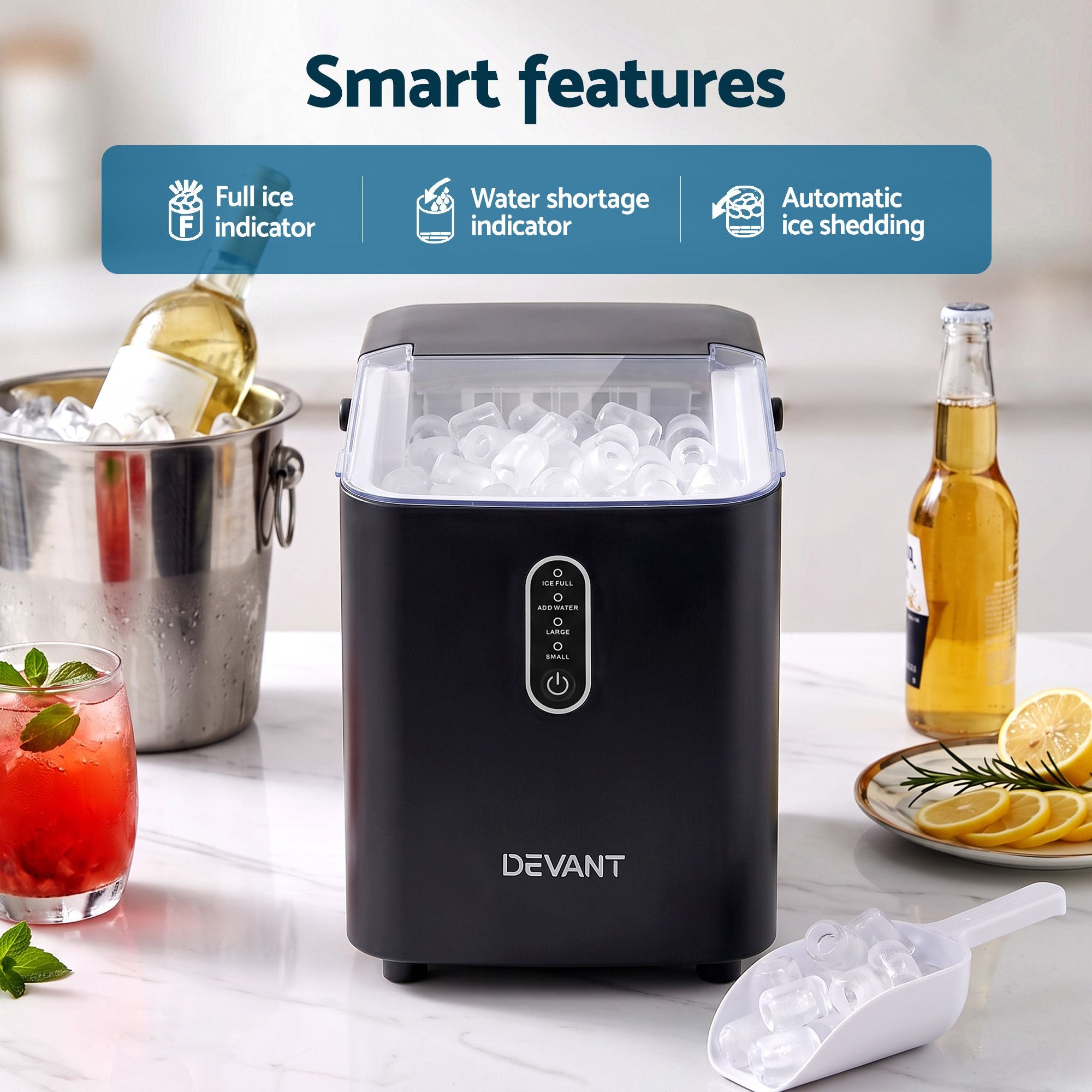 Devanti Ice Maker Portable Ice Machine Countertop Bullet Cube 12KG Black Bedworld