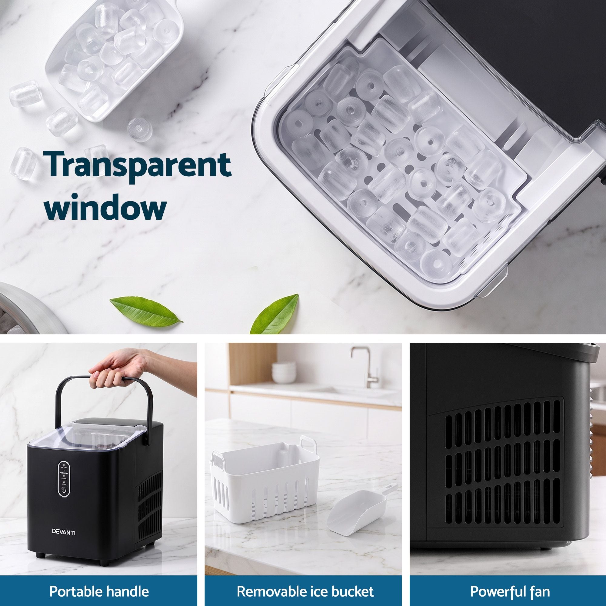 Devanti Ice Maker Portable Ice Machine Countertop Bullet Cube 12KG Black Bedworld