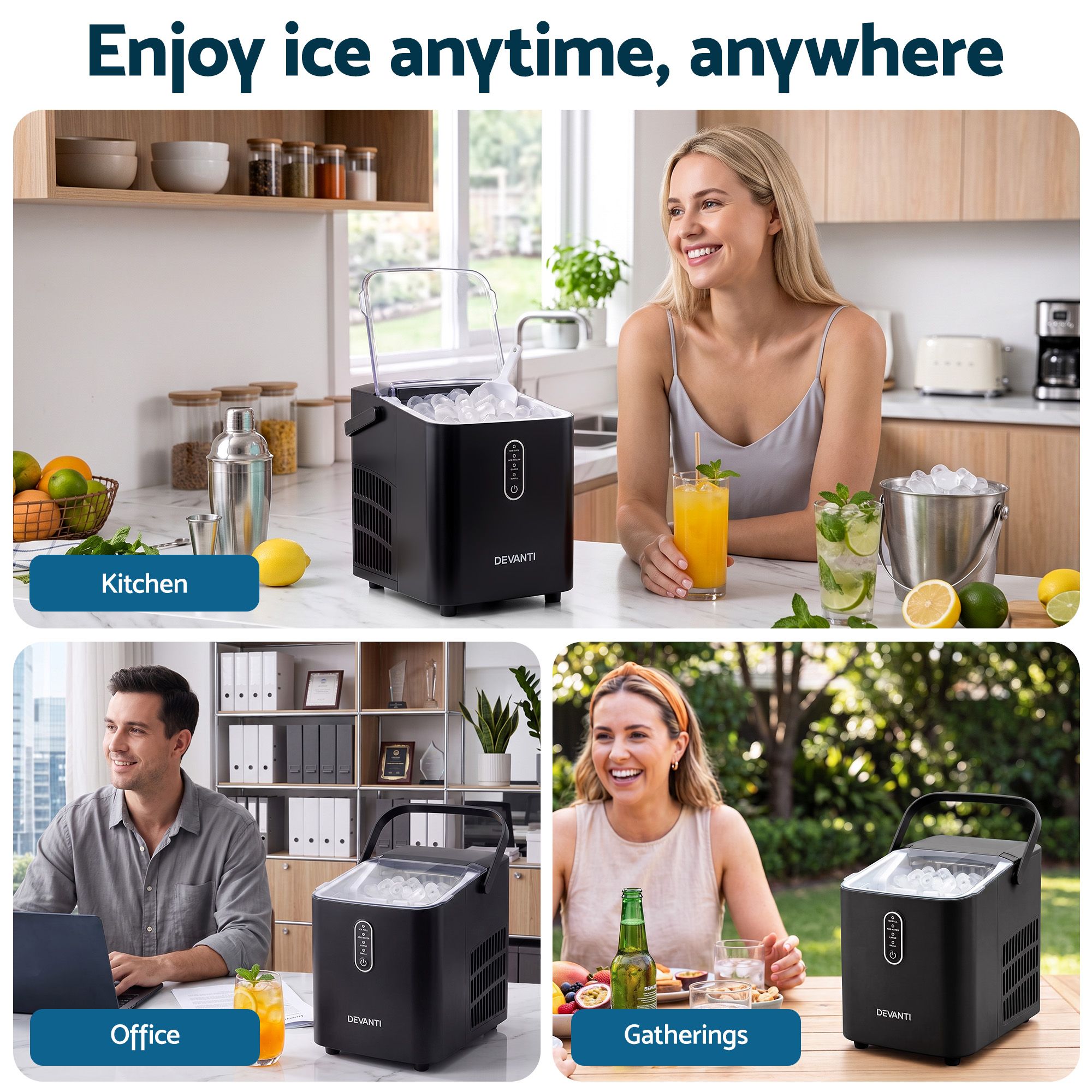 Devanti Ice Maker Portable Ice Machine Countertop Bullet Cube 12KG Black Bedworld