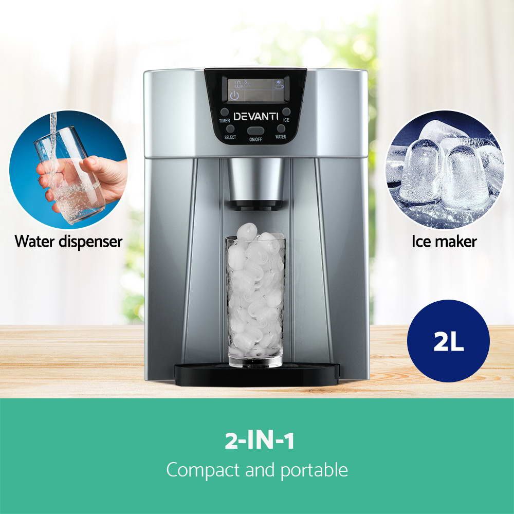 Devanti 2L Portable Ice Cuber Maker & Water Dispenser - Silver Bedworld