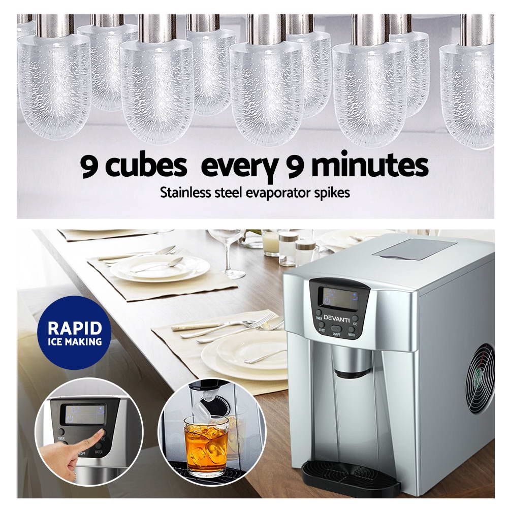 Devanti 2L Portable Ice Cuber Maker & Water Dispenser - Silver Bedworld