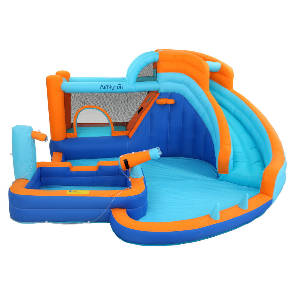 Kids inflatable pool water slide with splash pool, blue and orange, enclosed bounce area