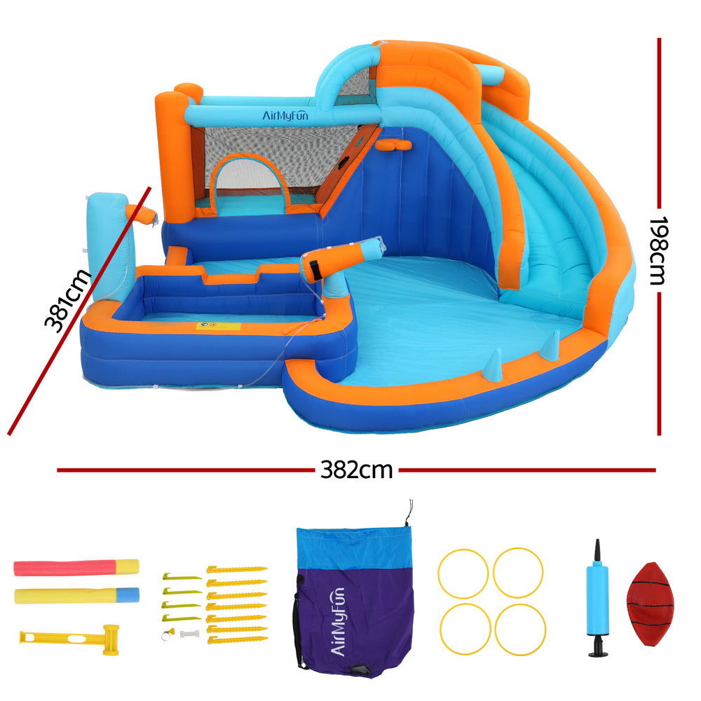Kids inflatable pool water slide park with included pump and accessories, blue and orange