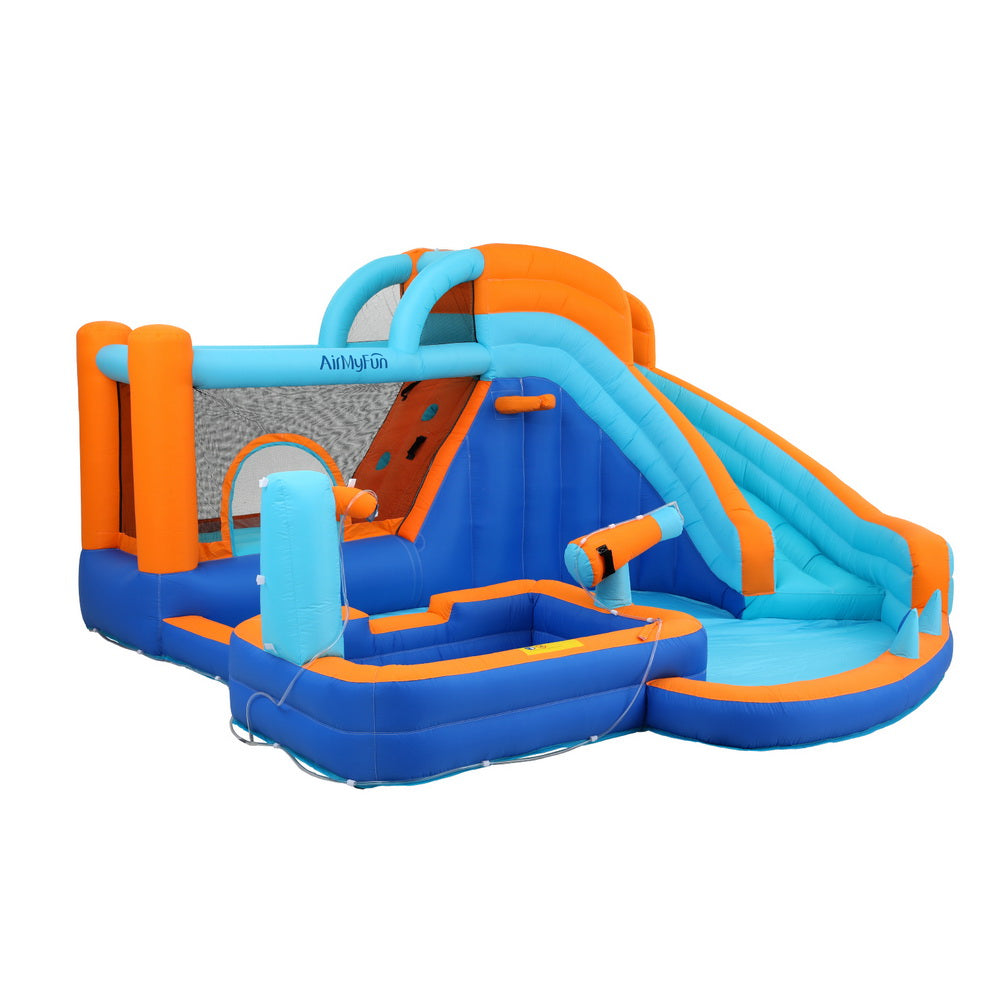 Kids inflatable water slide and splash pool, blue and orange with mesh side panel