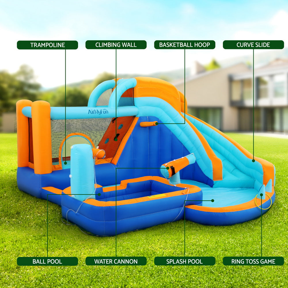 Inflatable pool water slide with climbing wall and ball pool, blue and orange