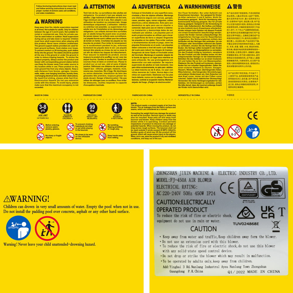 Product warning information label sheet in yellow with icons and CE marks