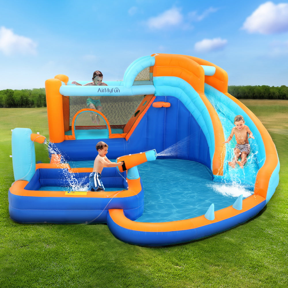 Kids inflatable pool water slide with splash landing area, blue and orange