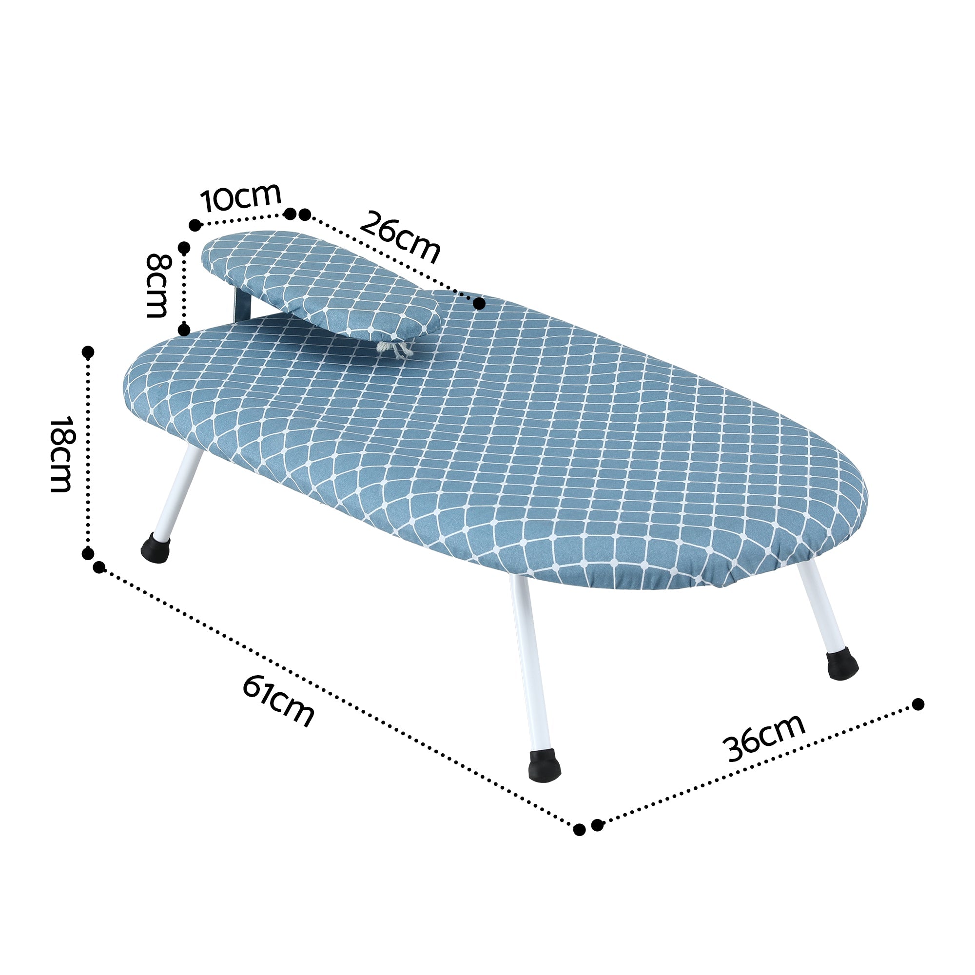 Blue grid compact ironing board with padded top and four folding legs