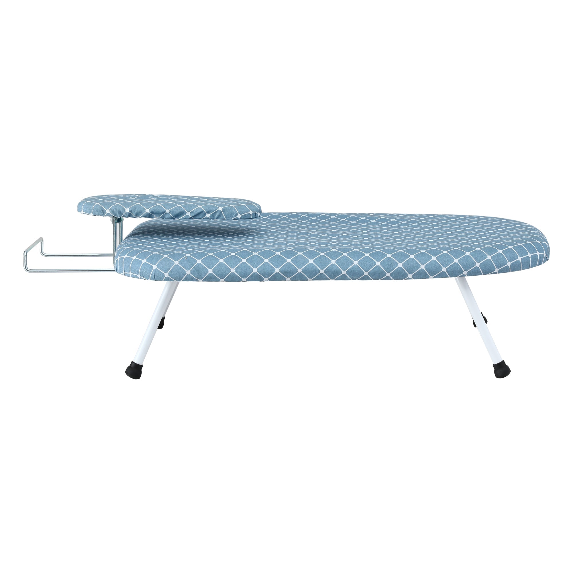Blue grid tabletop ironing board with padded cover and folding support legs