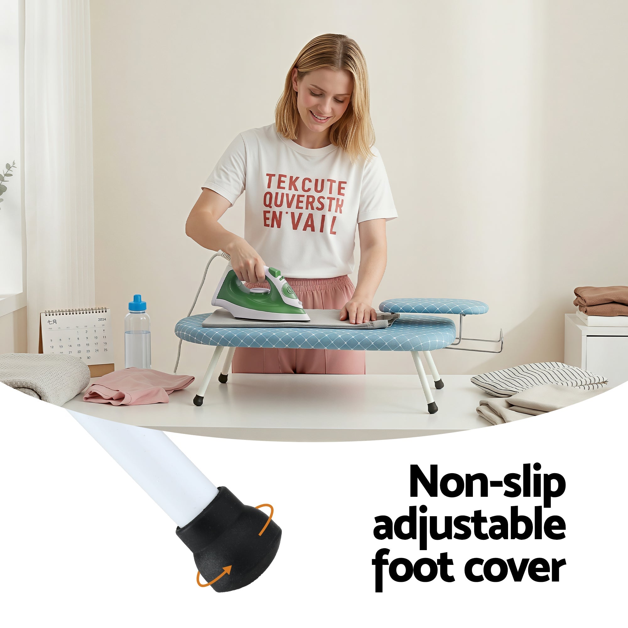 Blue grid ironing board with padded top, folding legs, and black non-slip feet