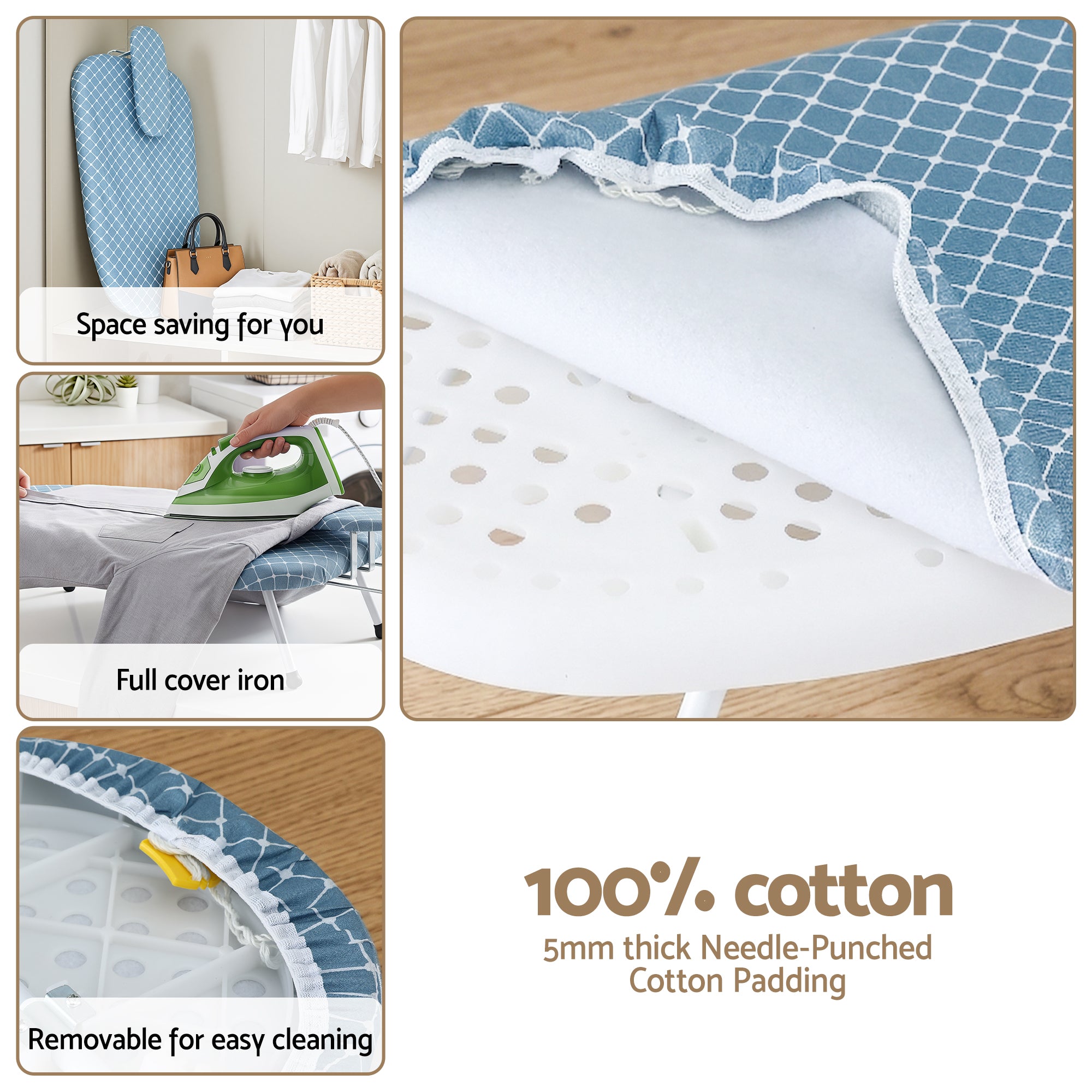 Blue grid ironing board cover with thick padded underside and white inner lining