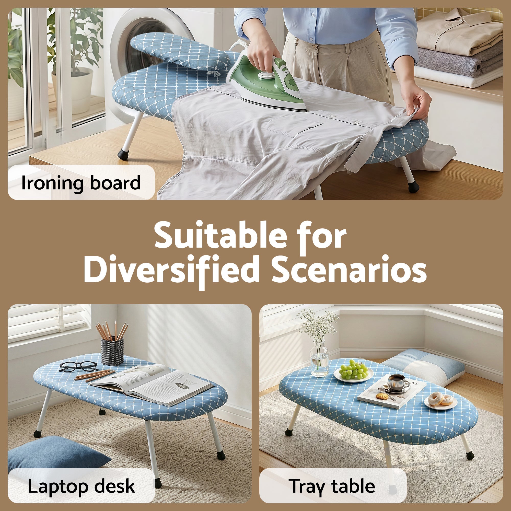 Blue grid tabletop ironing board with padded surface and folding legs