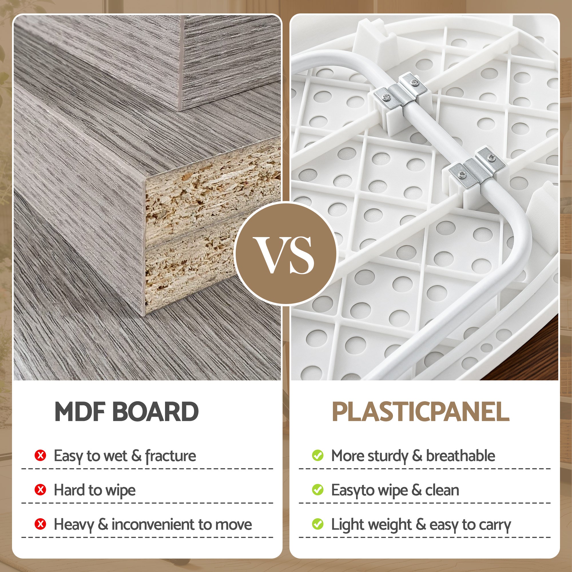 Ironing board base panel comparison: gray MDF section versus white plastic panel
