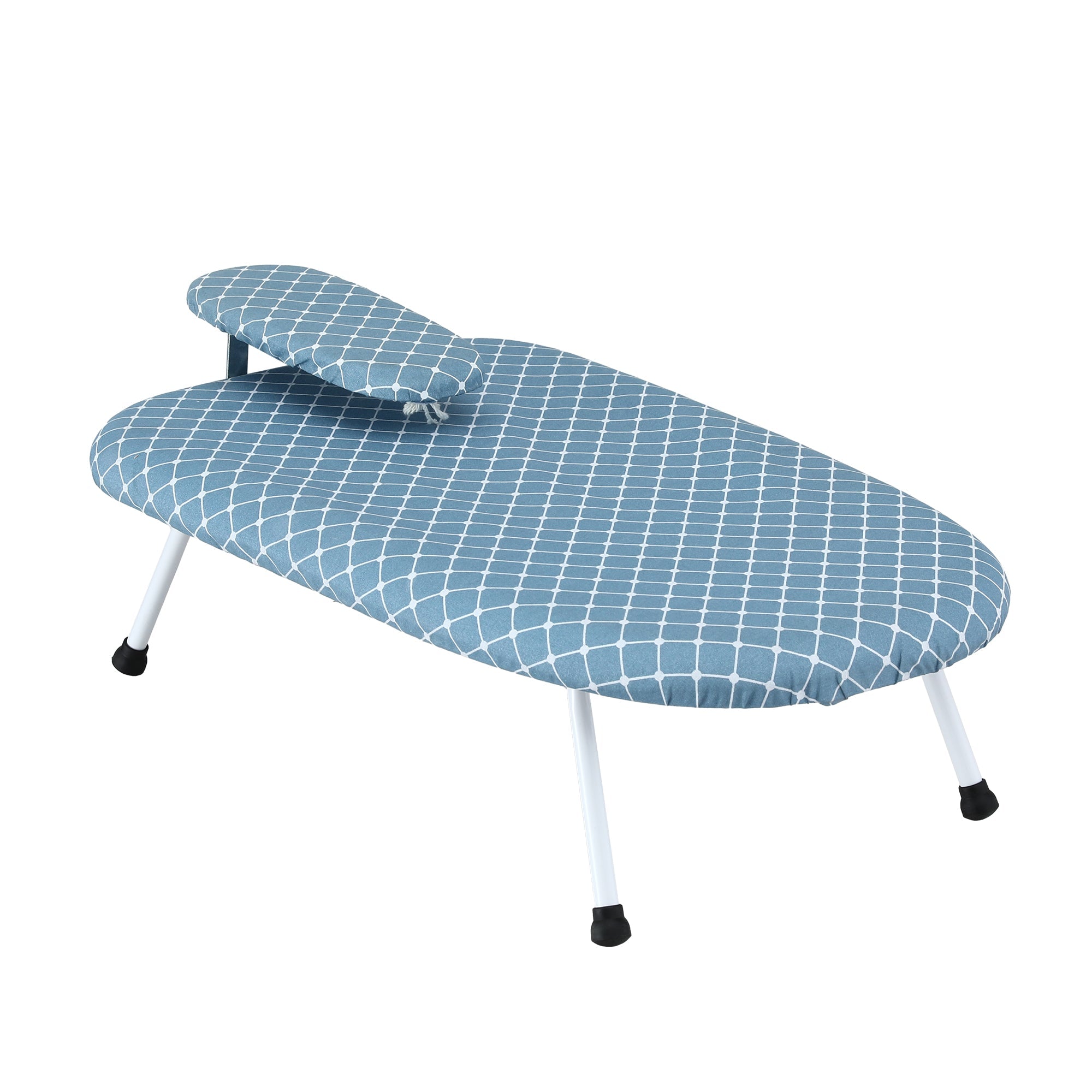 Blue grid tabletop ironing board with padded top and folding legs
