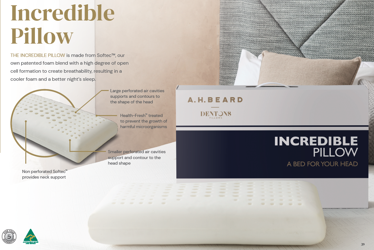 Dentons Incredible Pillow by A.H. Beard – high-quality contoured pillow for restful sleep and spinal alignment