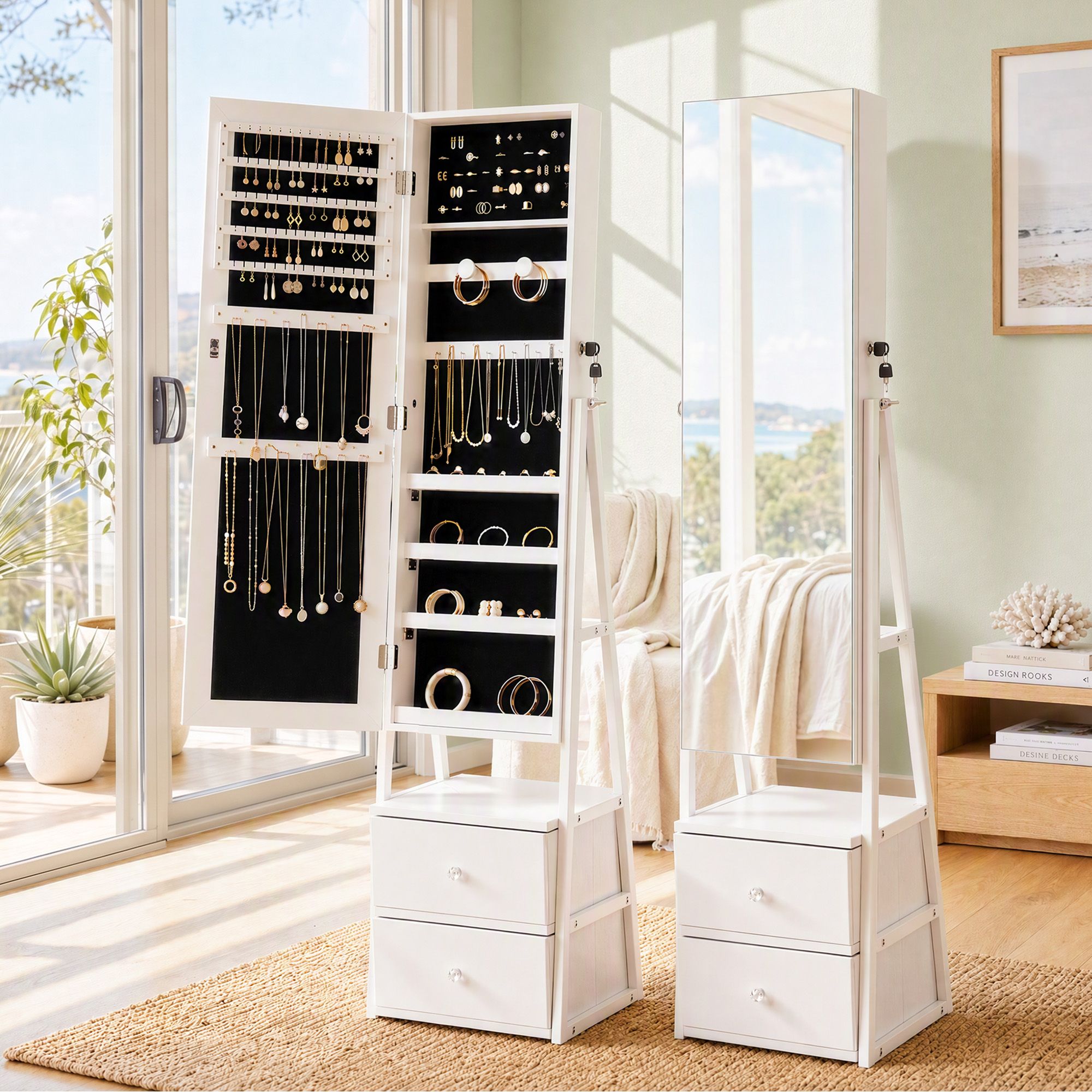 Artiss Lockable Jewelry Armoire with Mirror, Freestanding Organizer Cabinet with Drawers, White Bedworld