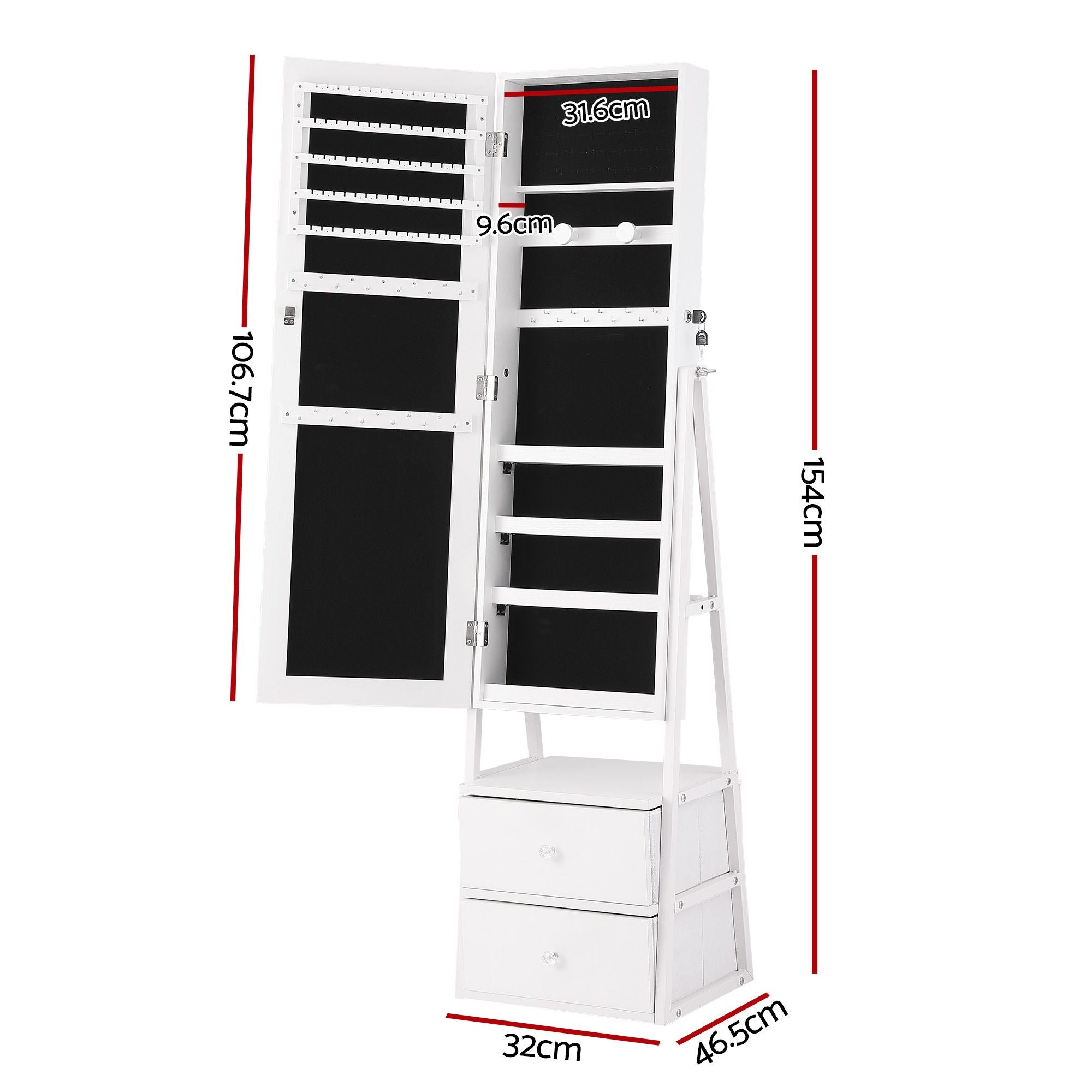 Artiss Lockable Jewelry Armoire with Mirror, Freestanding Organizer Cabinet with Drawers, White Bedworld