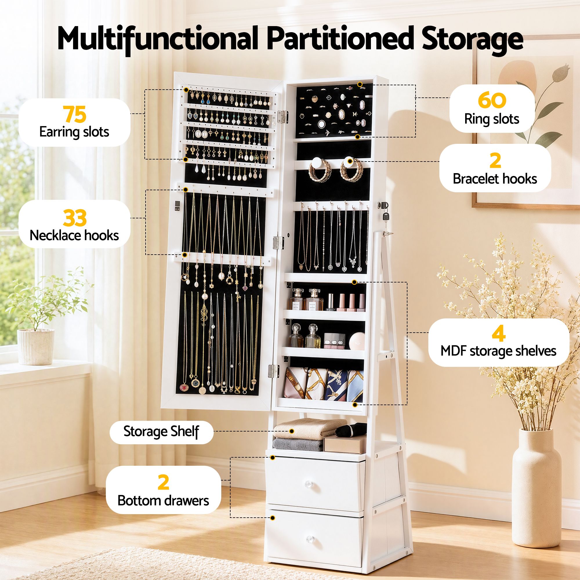 Artiss Lockable Jewelry Armoire with Mirror, Freestanding Organizer Cabinet with Drawers, White Bedworld