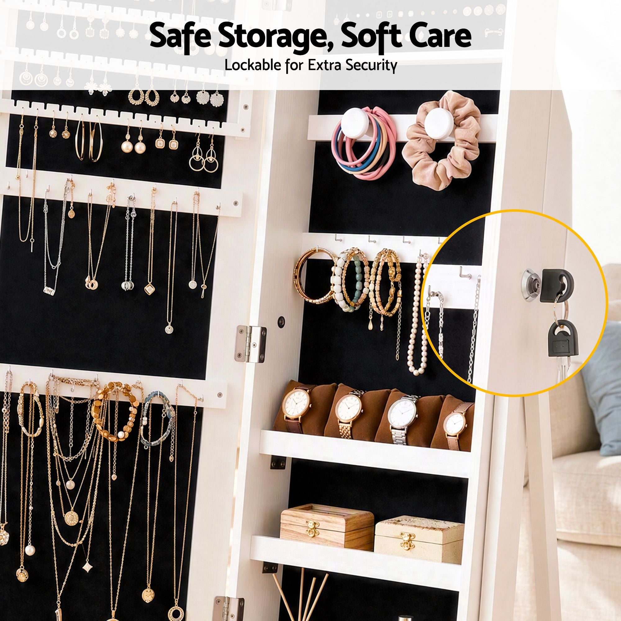 Artiss Lockable Jewelry Armoire with Mirror, Freestanding Organizer Cabinet with Drawers, White Bedworld