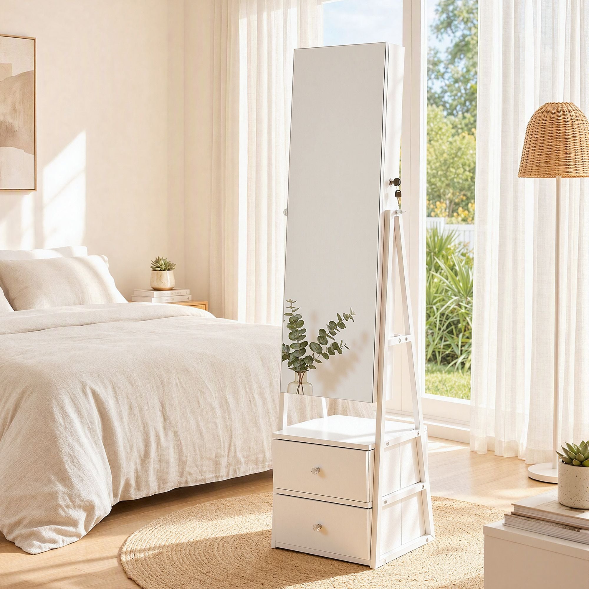 Artiss Lockable Jewelry Armoire with Mirror, Freestanding Organizer Cabinet with Drawers, White Bedworld