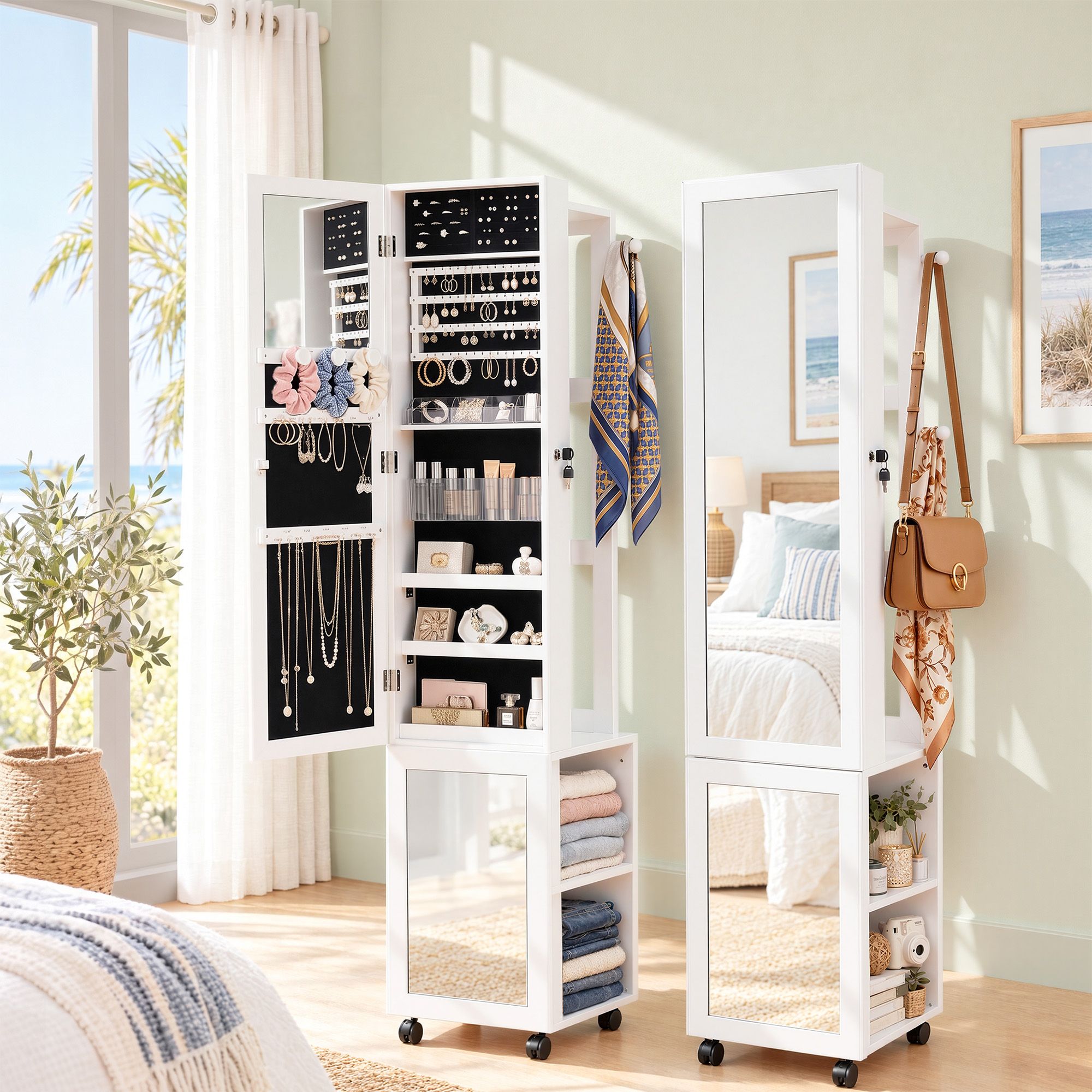 Artiss Lockable Jewellery Cabinet, Mobile Frameless Mirror, White Bedworld