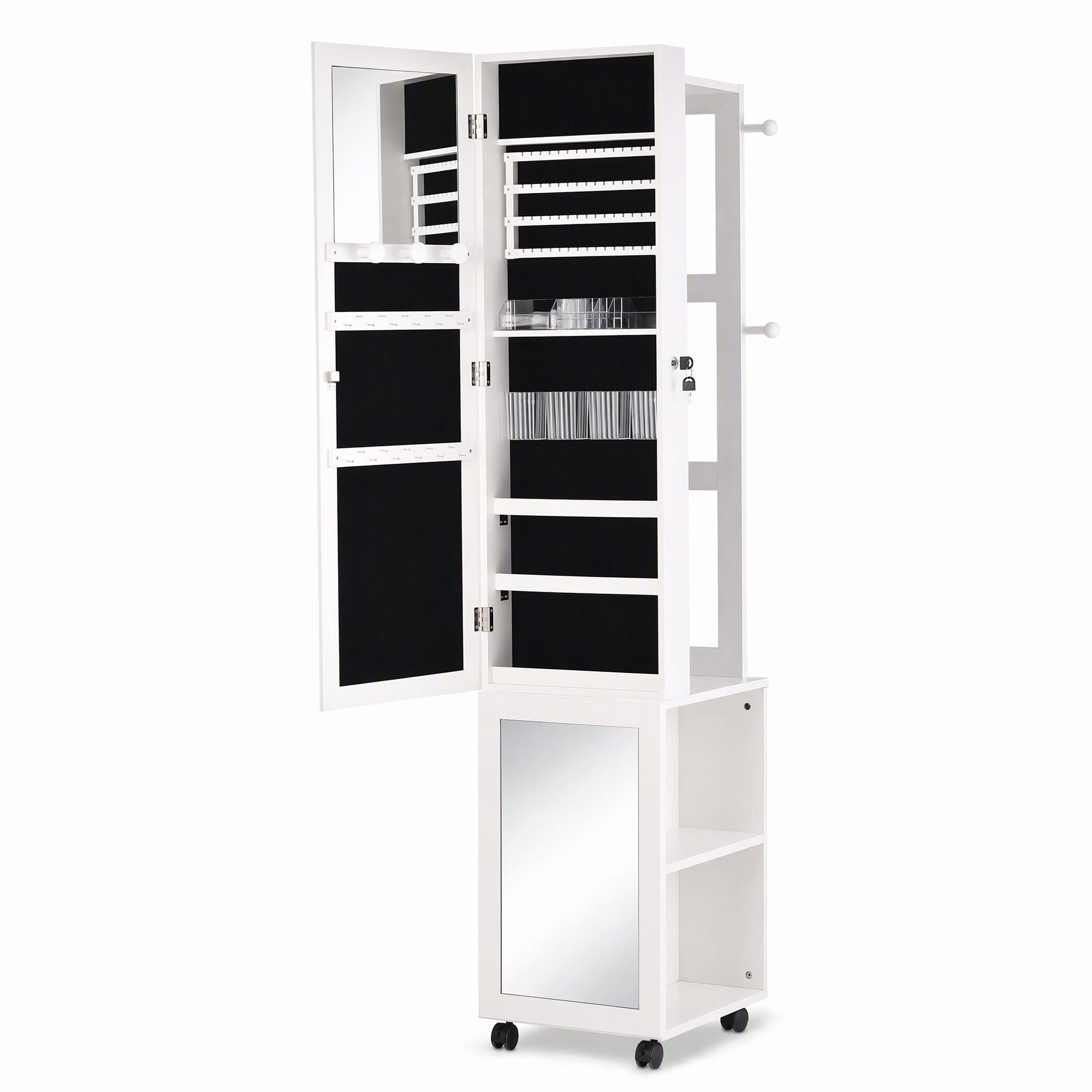 Artiss Lockable Jewellery Cabinet, Mobile Frameless Mirror, White Bedworld