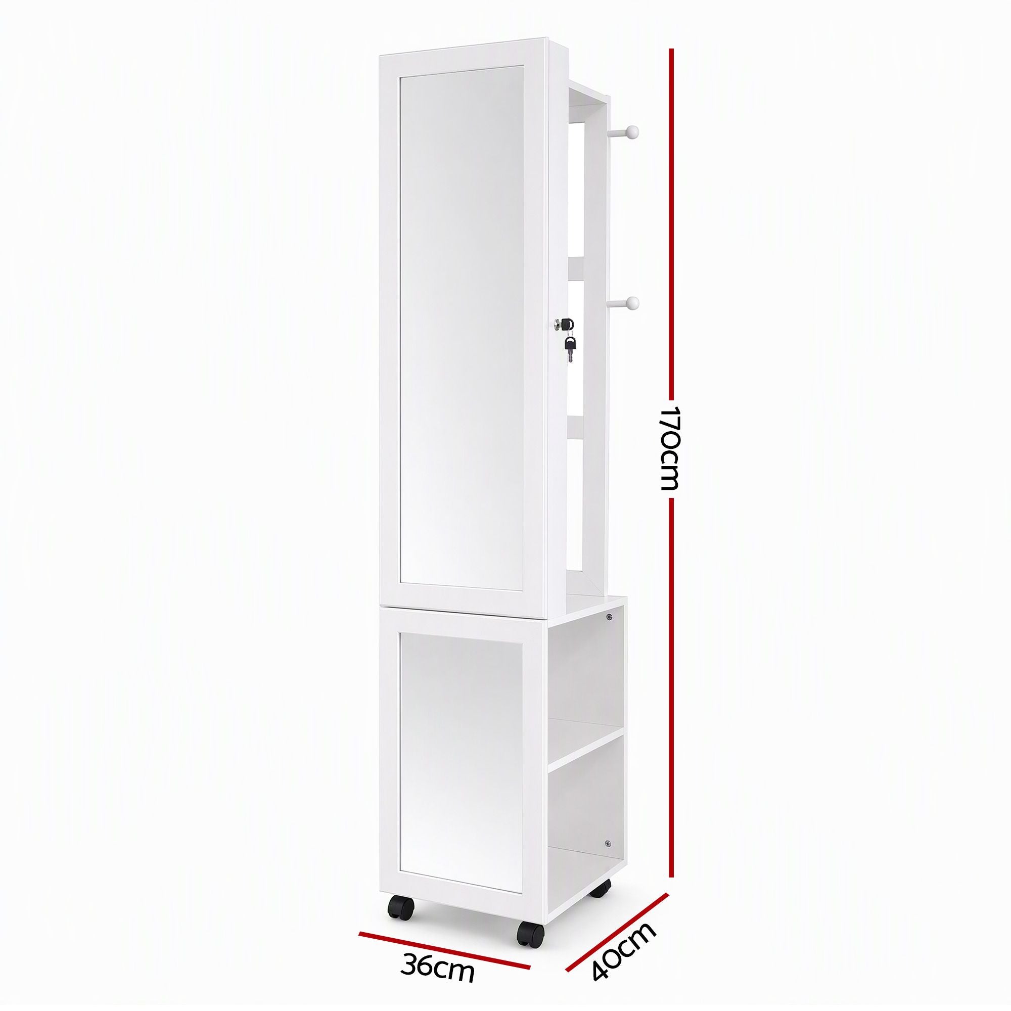 Artiss Lockable Jewellery Cabinet, Mobile Frameless Mirror, White Bedworld