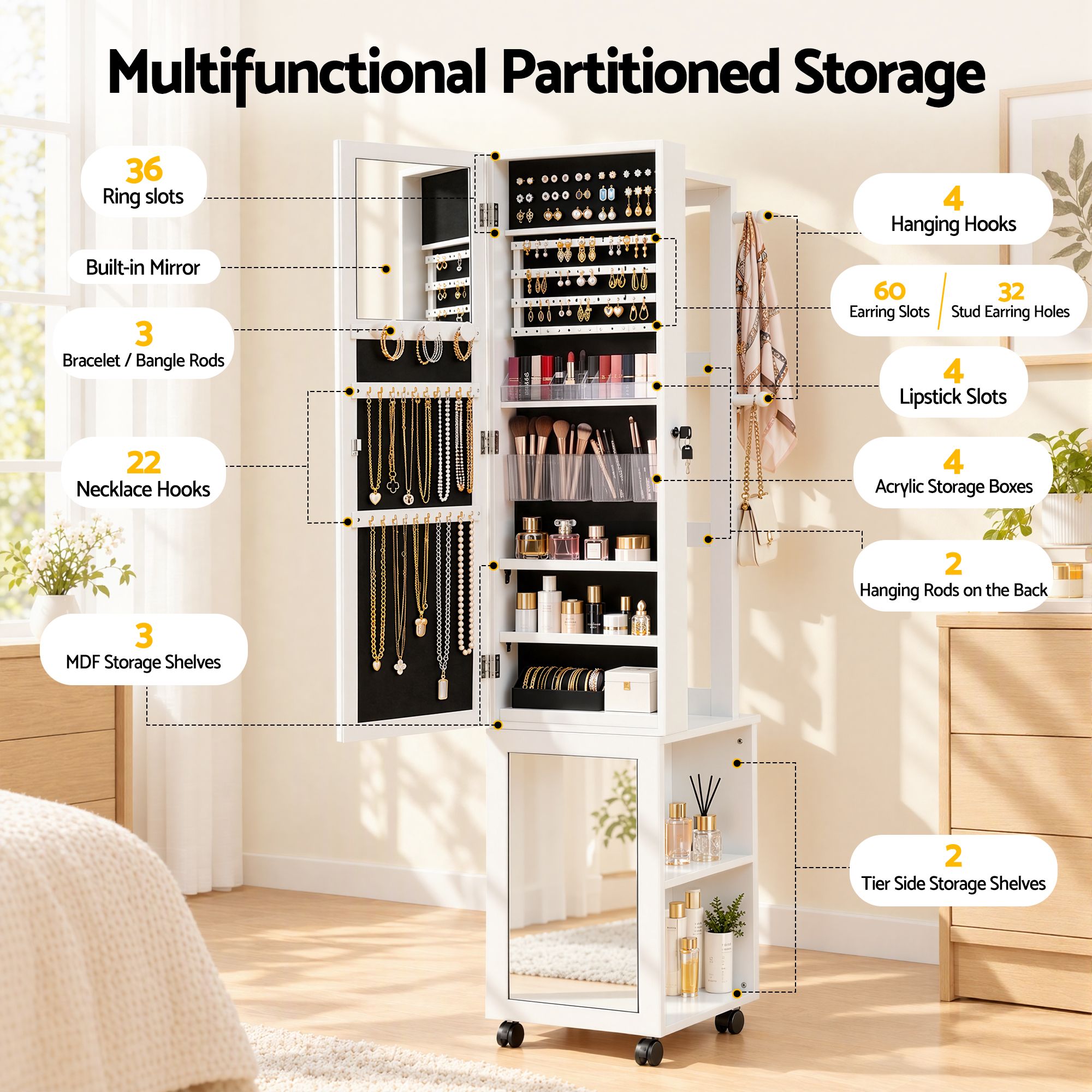 Artiss Lockable Jewellery Cabinet, Mobile Frameless Mirror, White Bedworld