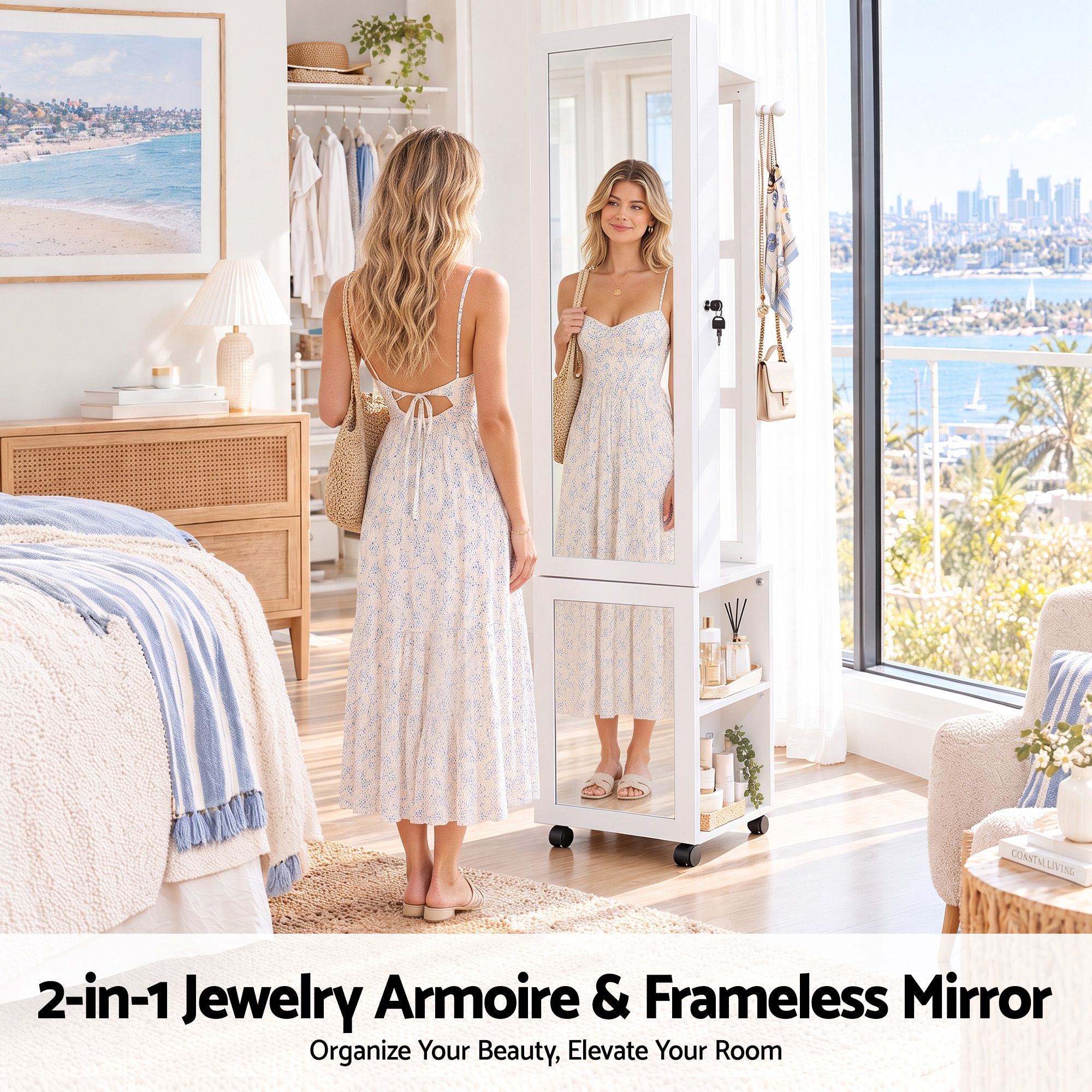 Artiss Lockable Jewellery Cabinet, Mobile Frameless Mirror, White Bedworld