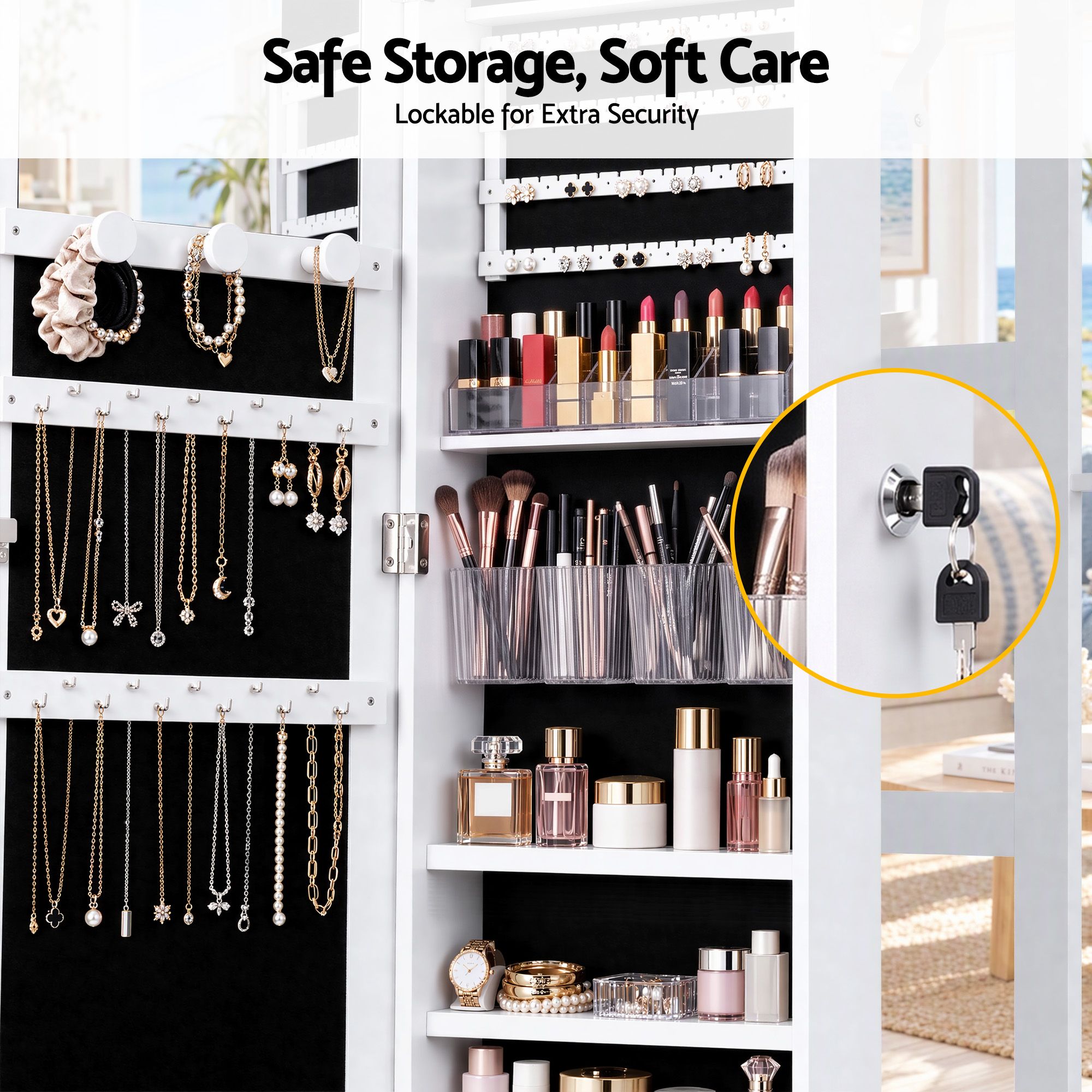 Artiss Lockable Jewellery Cabinet, Mobile Frameless Mirror, White Bedworld