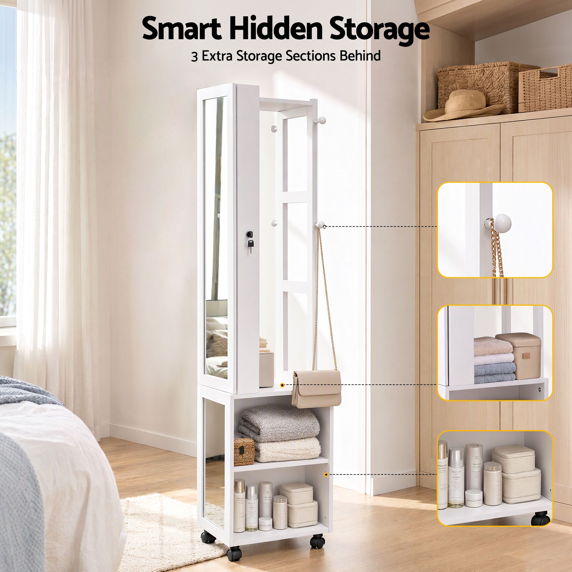 Artiss Lockable Jewellery Cabinet, Mobile Frameless Mirror, White Bedworld