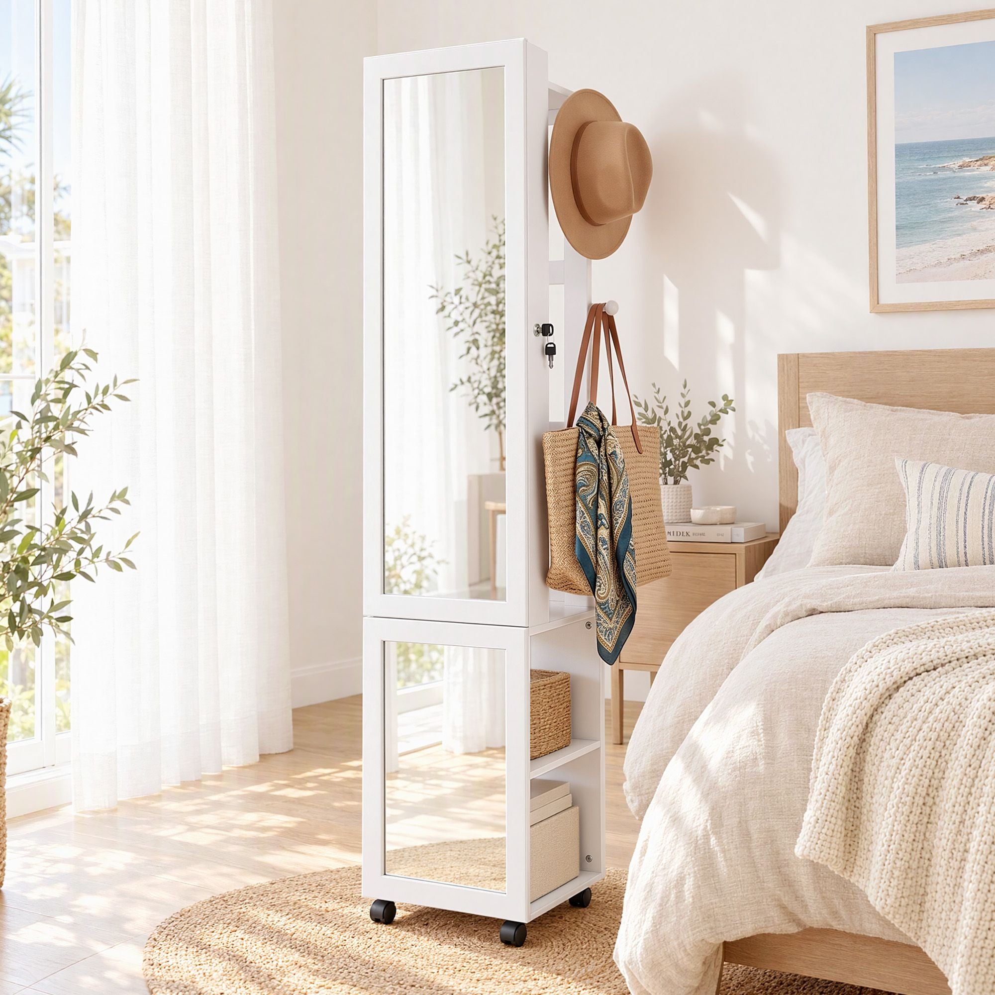 Artiss Lockable Jewellery Cabinet, Mobile Frameless Mirror, White Bedworld