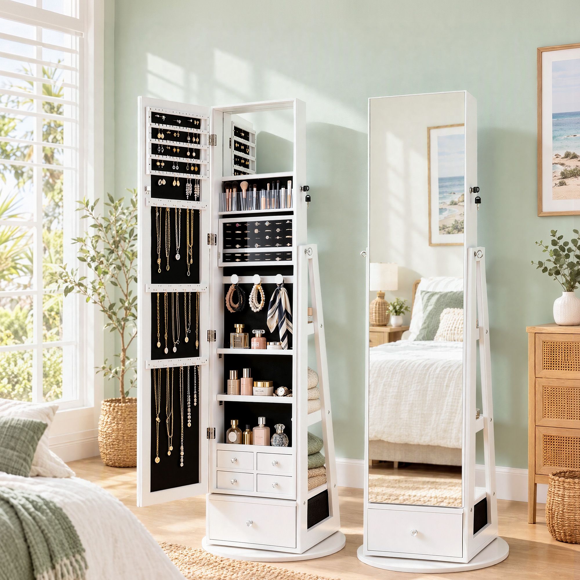 Artiss 360° Rotating Jewelry Cabinet Full Length Mirror, White Bedworld