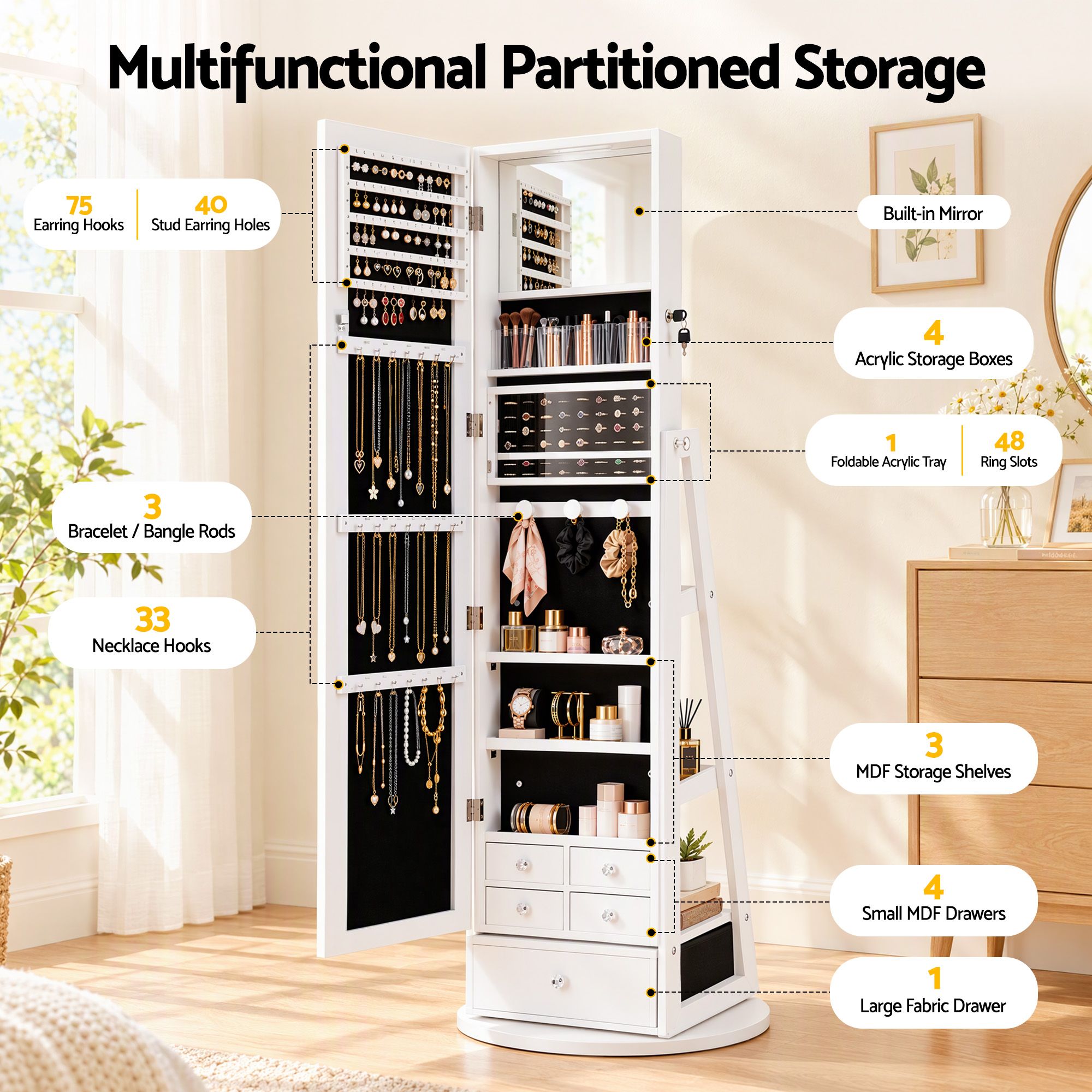Artiss 360° Rotating Jewelry Cabinet Full Length Mirror, White Bedworld