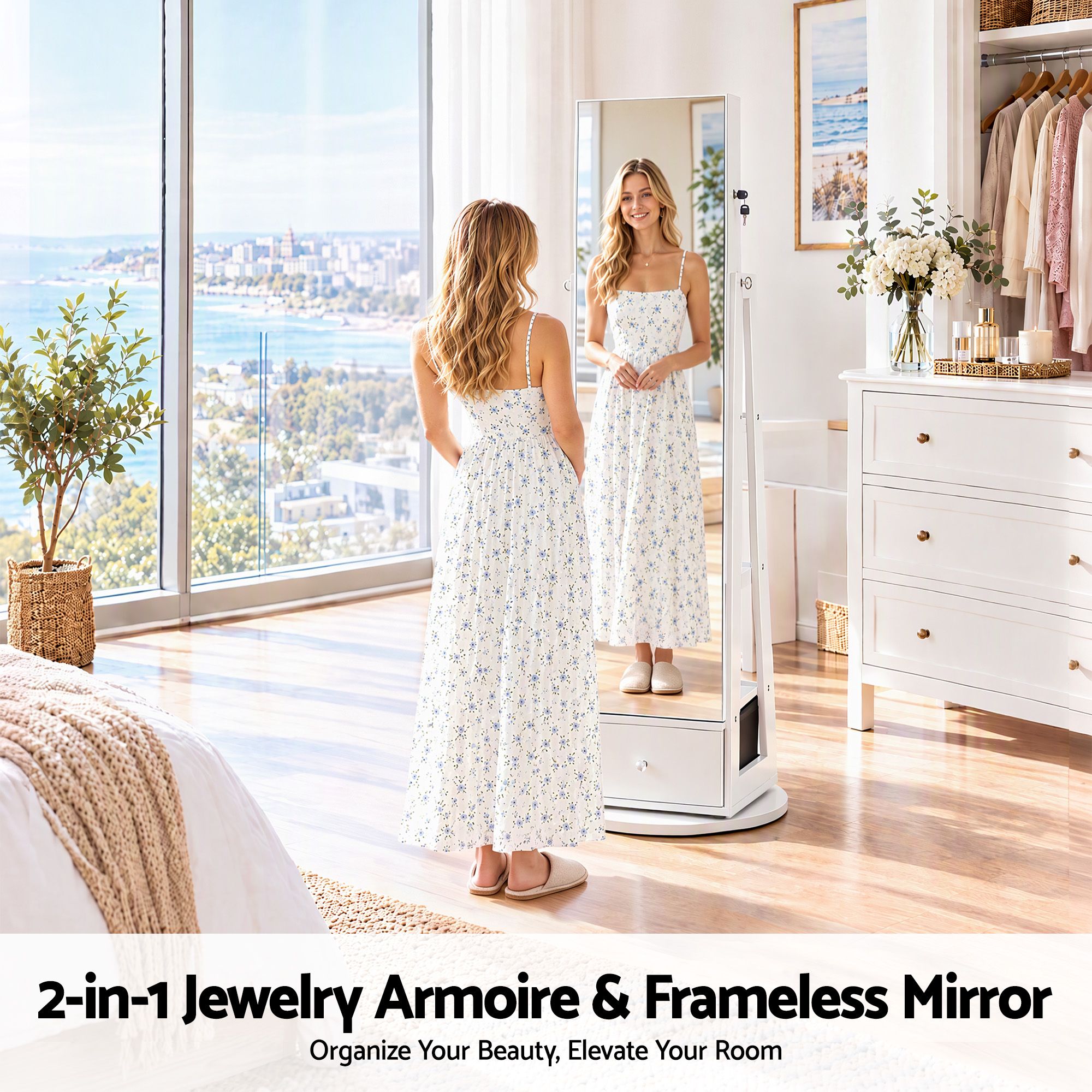 Artiss 360° Rotating Jewelry Cabinet Full Length Mirror, White Bedworld