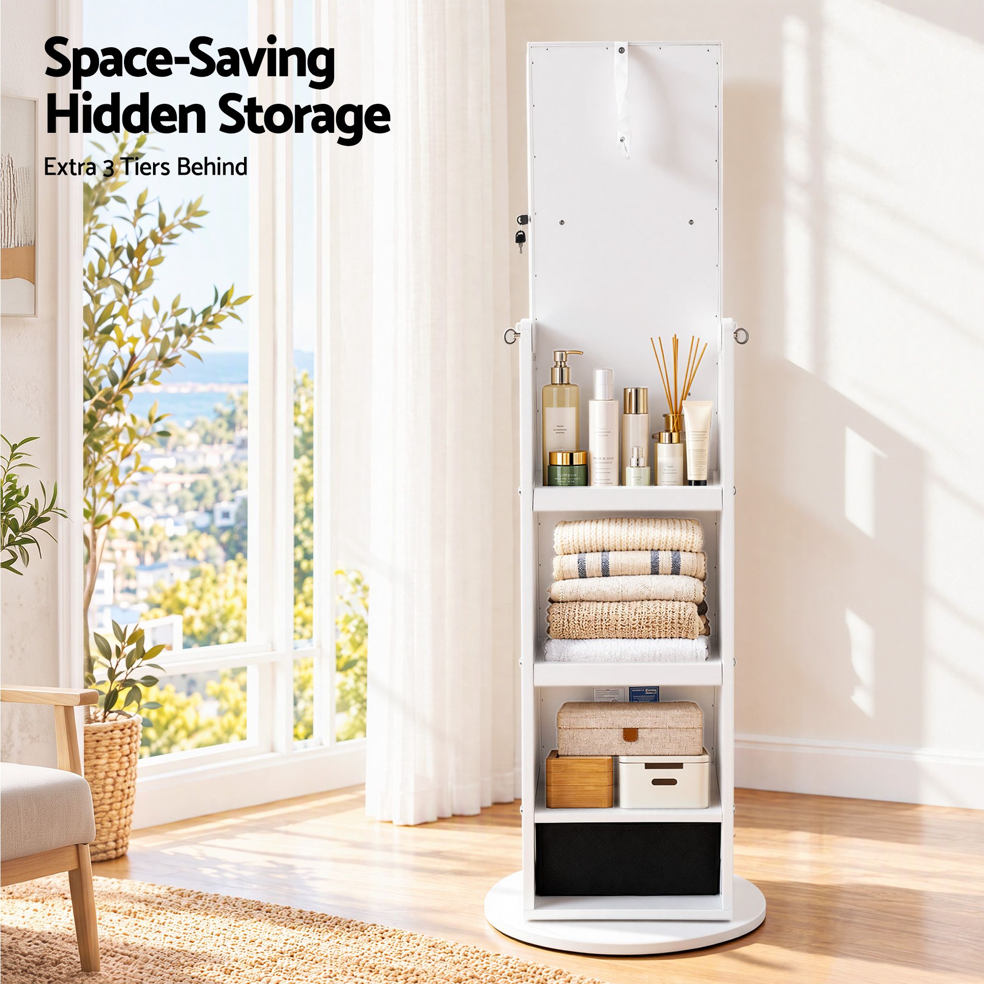 Artiss 360° Rotating Jewelry Cabinet Full Length Mirror, White Bedworld