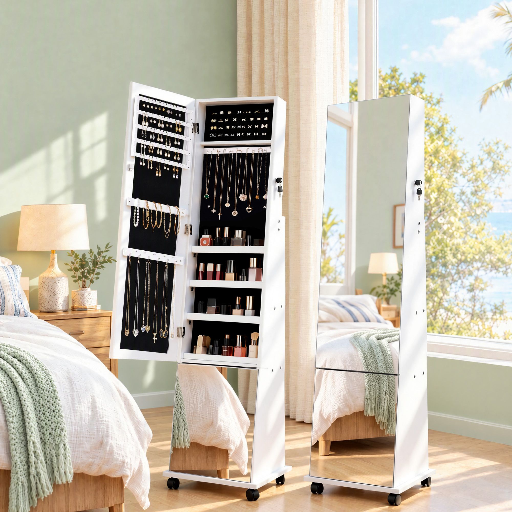 Artiss Jewelry Cabinet Frameless Full Length Mirror with Wheels, White Bedworld